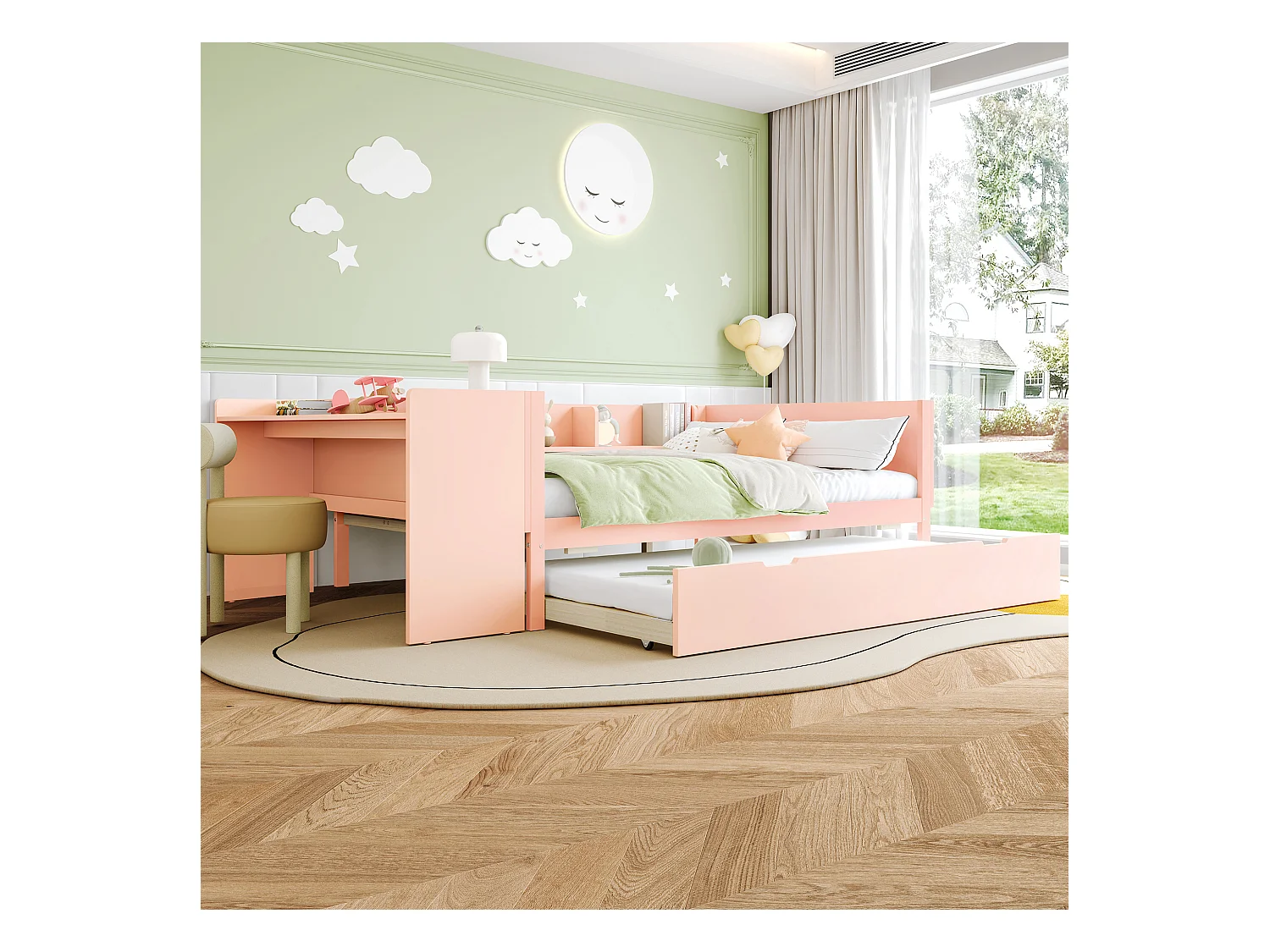 lit gigogne - 140 x 200 cm + 90 x 190 cm - rangements + bureau - sans matelas - pin + aggloméré - rose