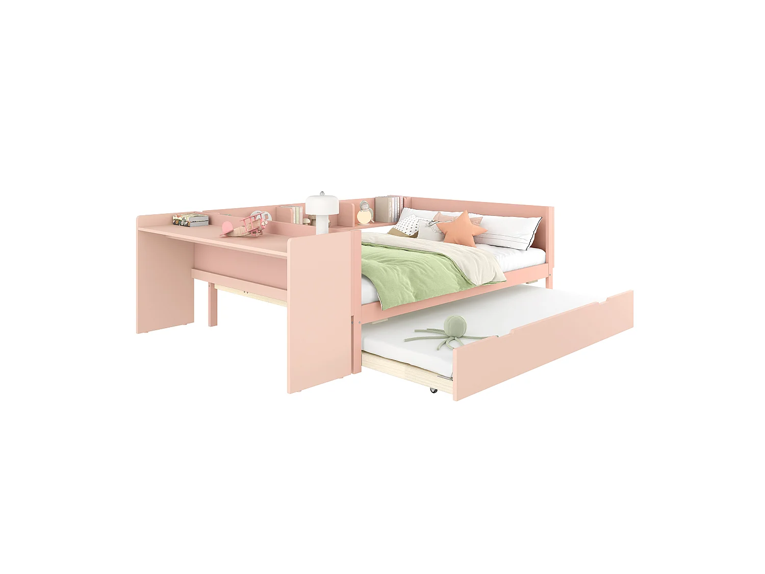lit gigogne - 140 x 200 cm + 90 x 190 cm - rangements + bureau - sans matelas - pin + aggloméré - rose