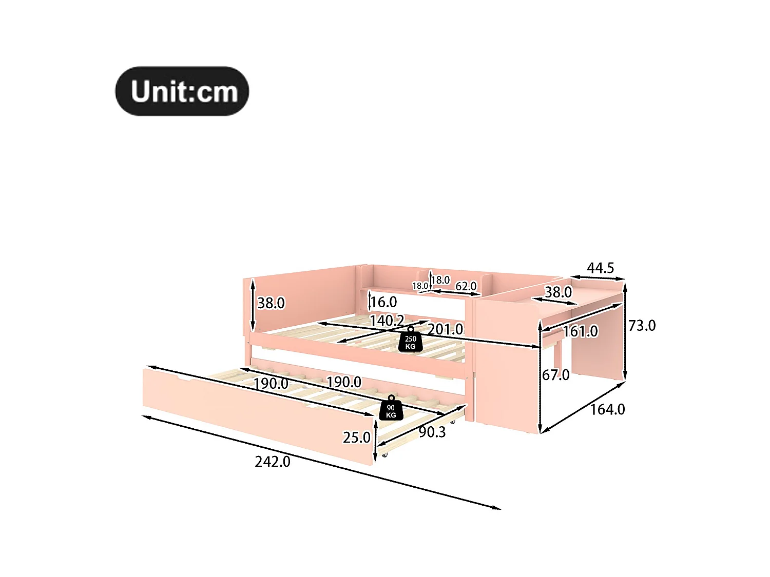 lit gigogne - 140 x 200 cm + 90 x 190 cm - rangements + bureau - sans matelas - pin + aggloméré - rose