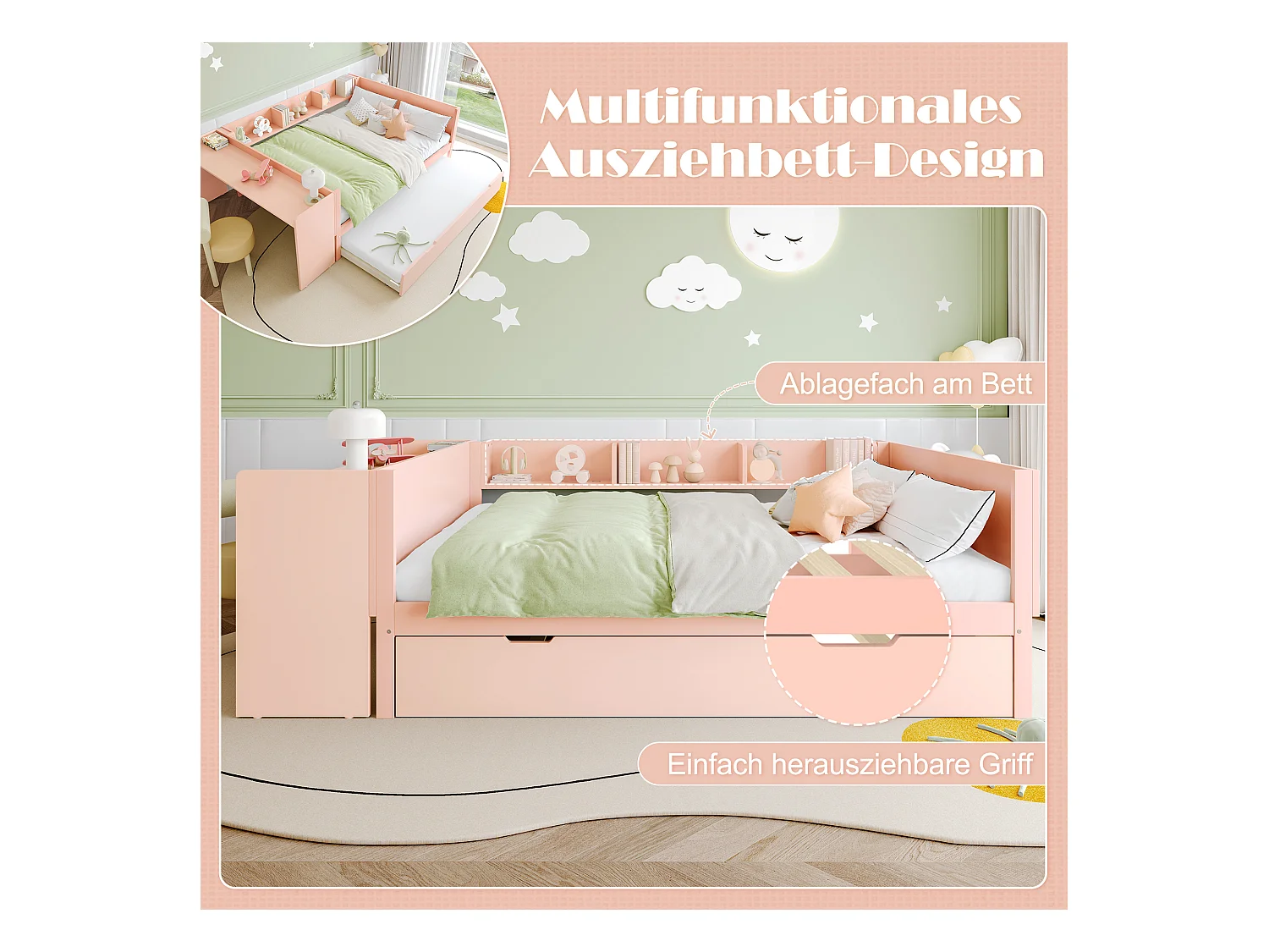 lit gigogne - 140 x 200 cm + 90 x 190 cm - rangements + bureau - sans matelas - pin + aggloméré - rose