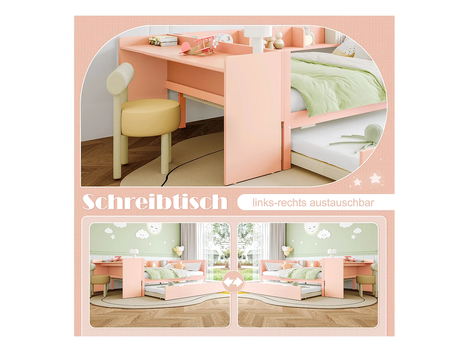 lit gigogne - 140 x 200 cm + 90 x 190 cm - rangements + bureau - sans matelas - pin + aggloméré - rose