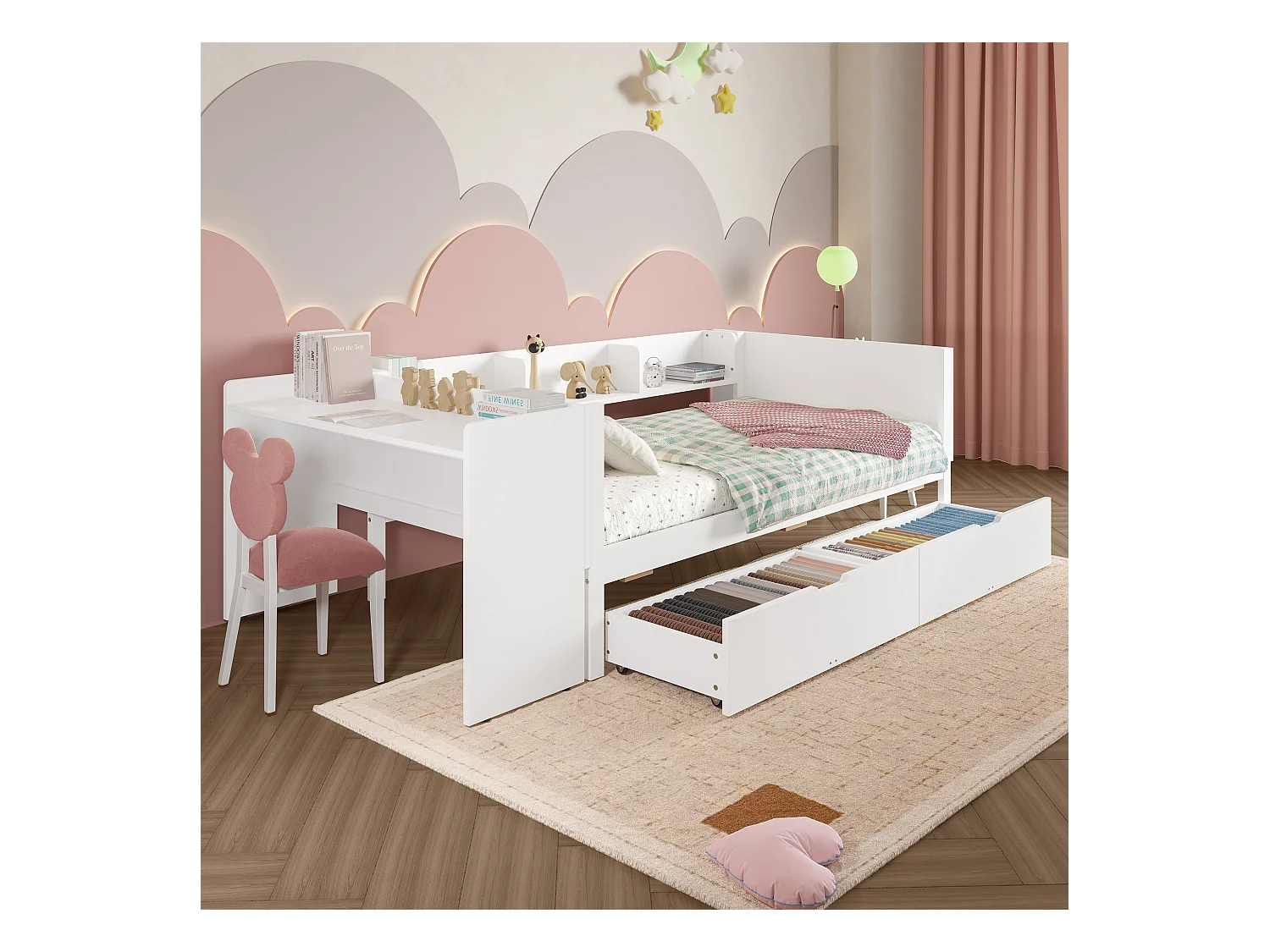 lit plat coffre - 90 x 200 cm - 2 tiroirs + bureau - sans matelas - pin + aggloméré - blanc