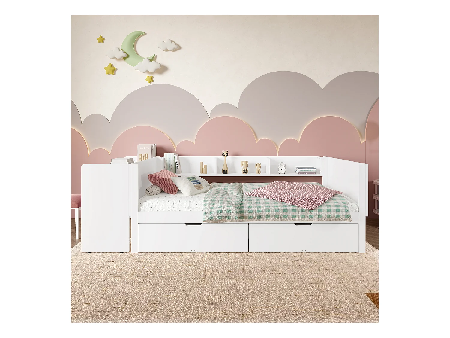 lit plat coffre - 90 x 200 cm - 2 tiroirs + bureau - sans matelas - pin + aggloméré - blanc