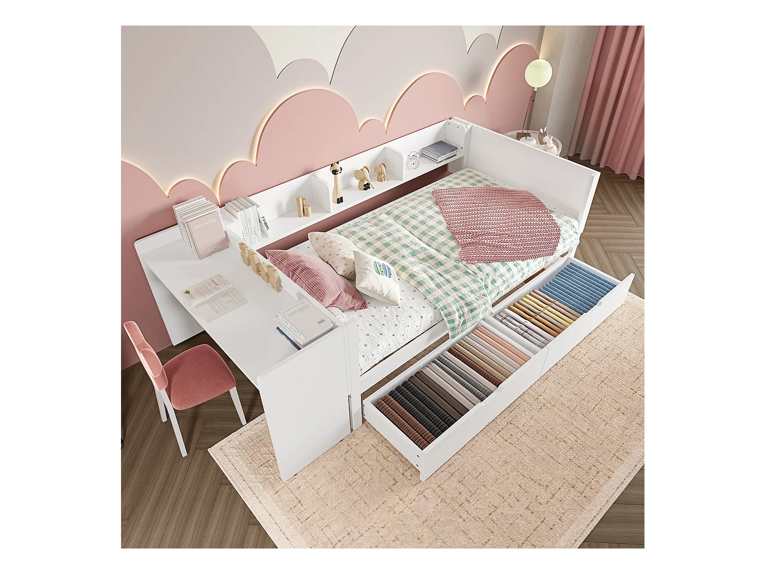 lit plat coffre - 90 x 200 cm - 2 tiroirs + bureau - sans matelas - pin + aggloméré - blanc