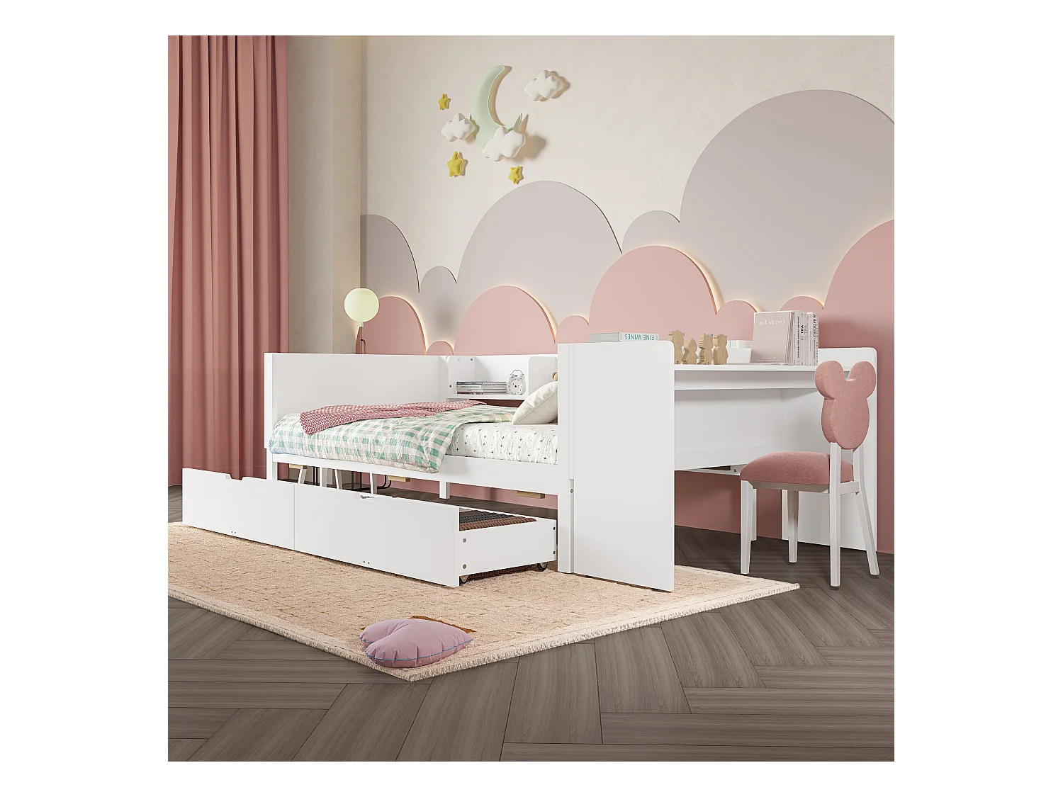 lit plat coffre - 90 x 200 cm - 2 tiroirs + bureau - sans matelas - pin + aggloméré - blanc