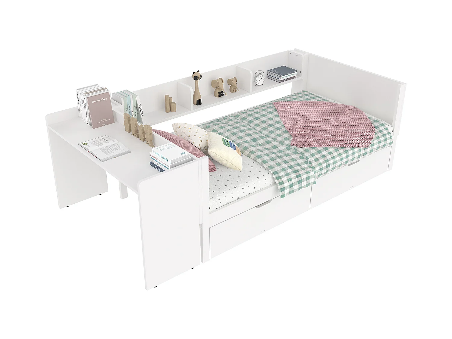 lit plat coffre - 90 x 200 cm - 2 tiroirs + bureau - sans matelas - pin + aggloméré - blanc
