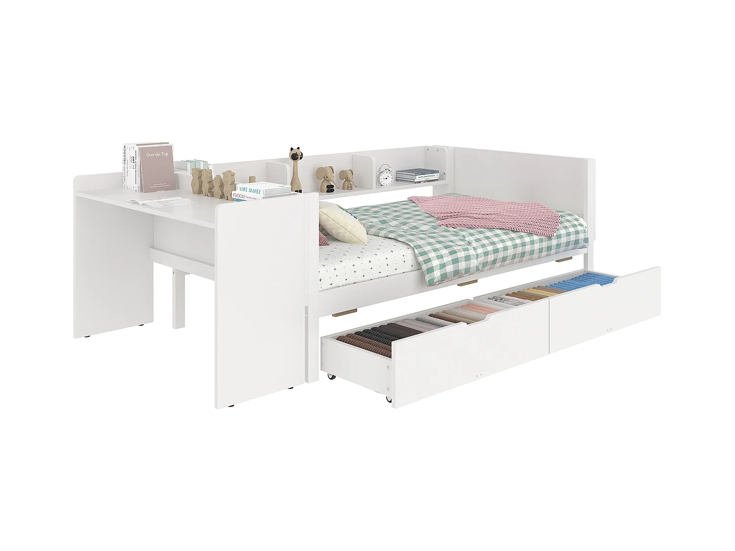 lit plat coffre - 90 x 200 cm - 2 tiroirs + bureau - sans matelas - pin + aggloméré - blanc