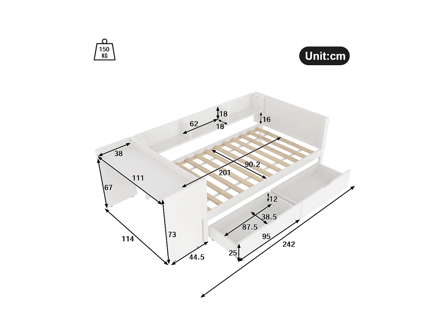 lit plat coffre - 90 x 200 cm - 2 tiroirs + bureau - sans matelas - pin + aggloméré - blanc