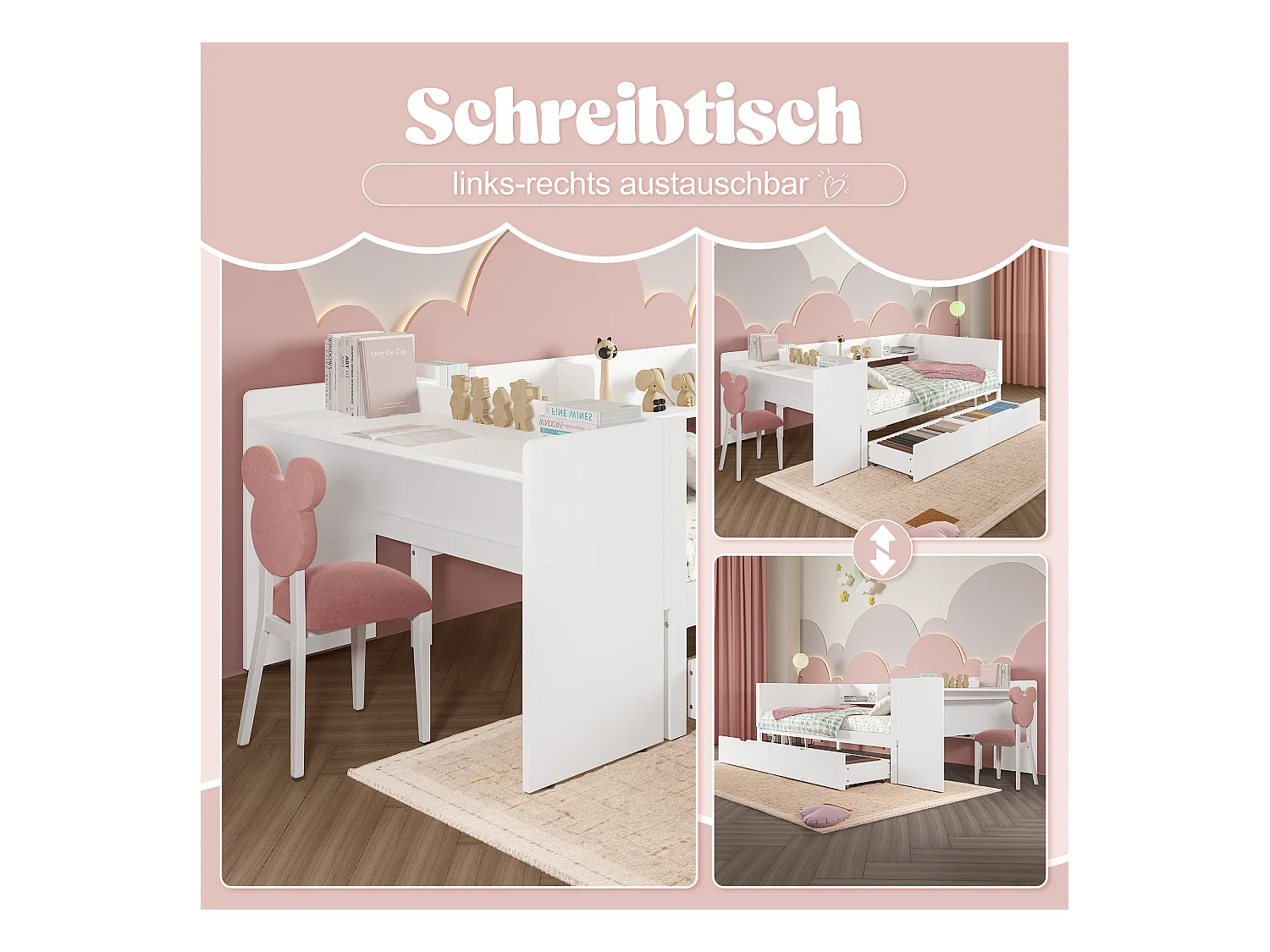 lit plat coffre - 90 x 200 cm - 2 tiroirs + bureau - sans matelas - pin + aggloméré - blanc