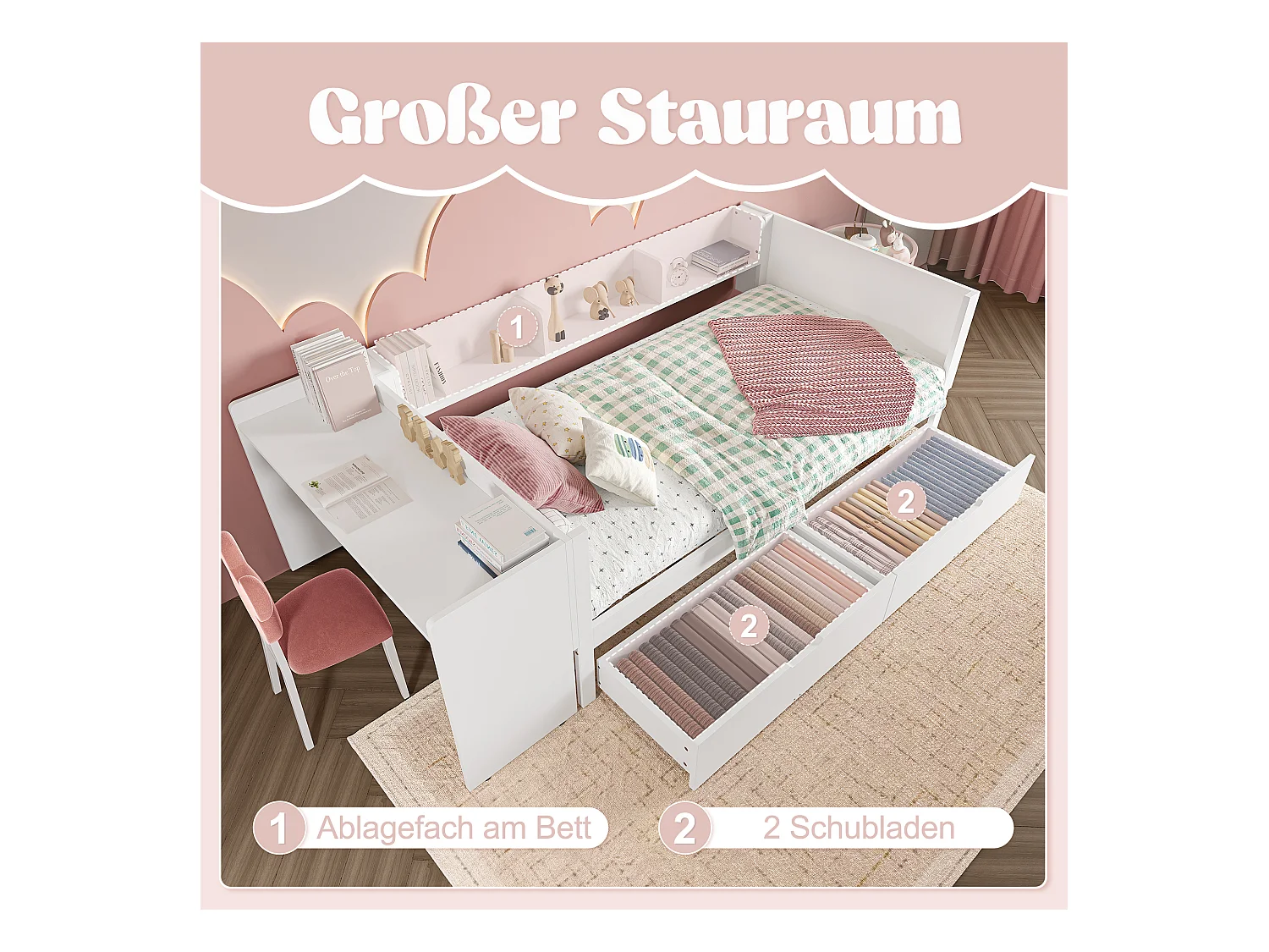 lit plat coffre - 90 x 200 cm - 2 tiroirs + bureau - sans matelas - pin + aggloméré - blanc