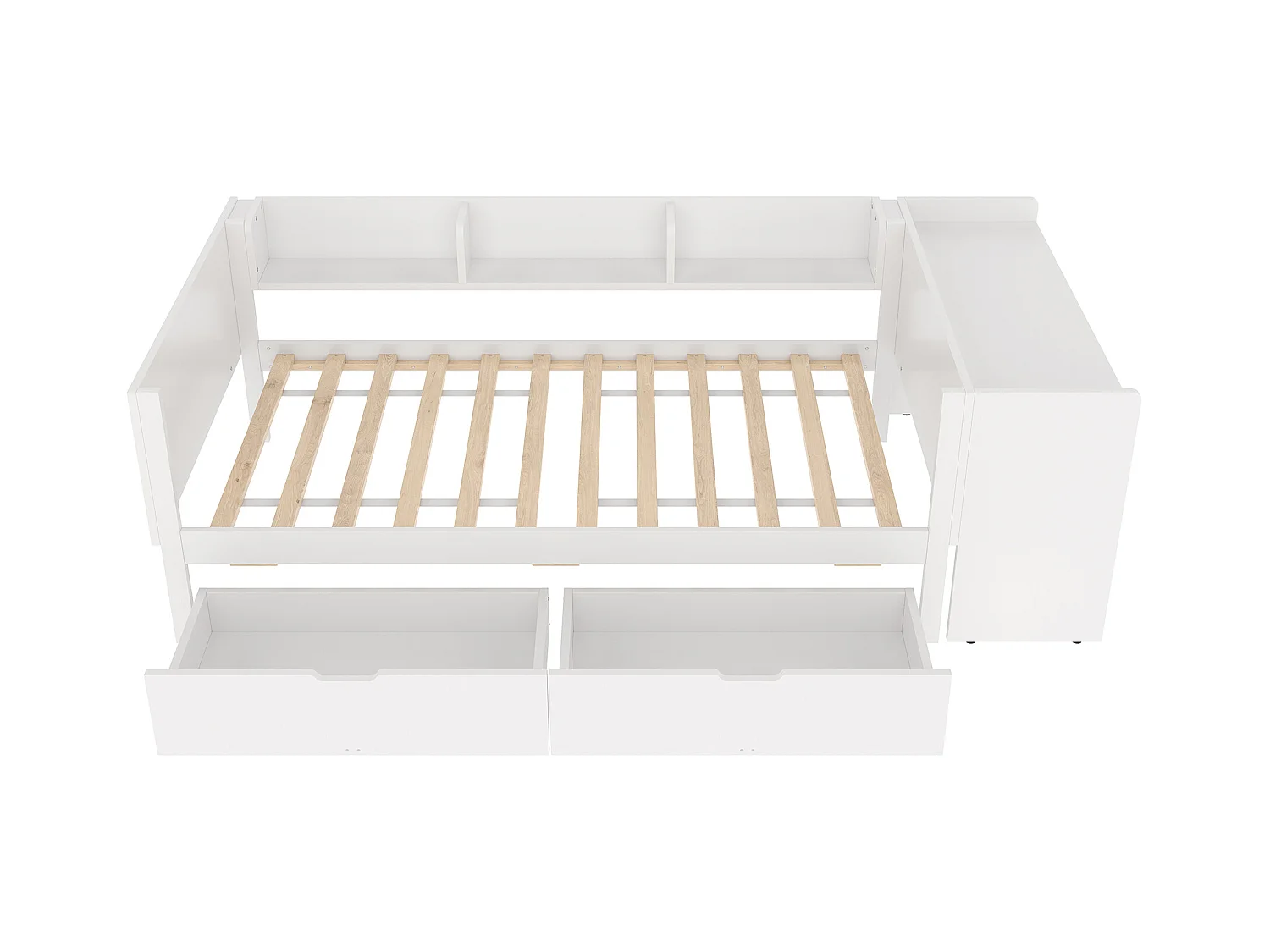 lit plat coffre - 90 x 200 cm - 2 tiroirs + bureau - sans matelas - pin + aggloméré - blanc