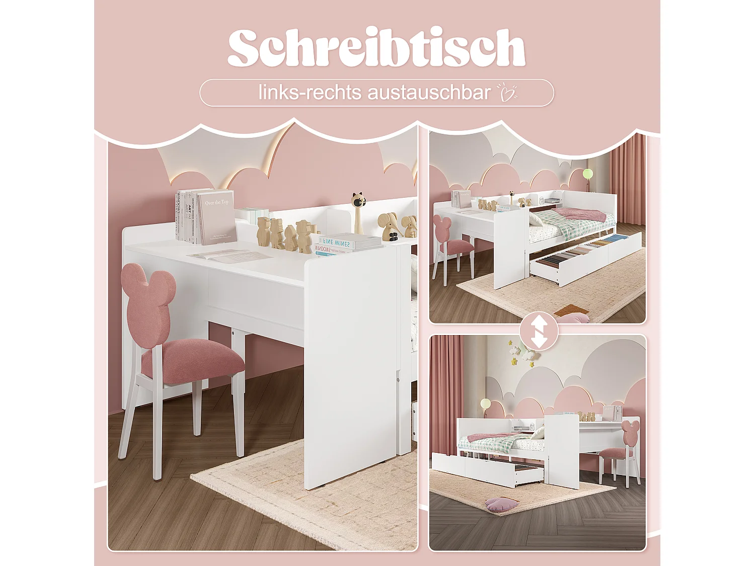 lit plat coffre - 90 x 200 cm - 2 tiroirs + bureau - sans matelas - pin + aggloméré - blanc