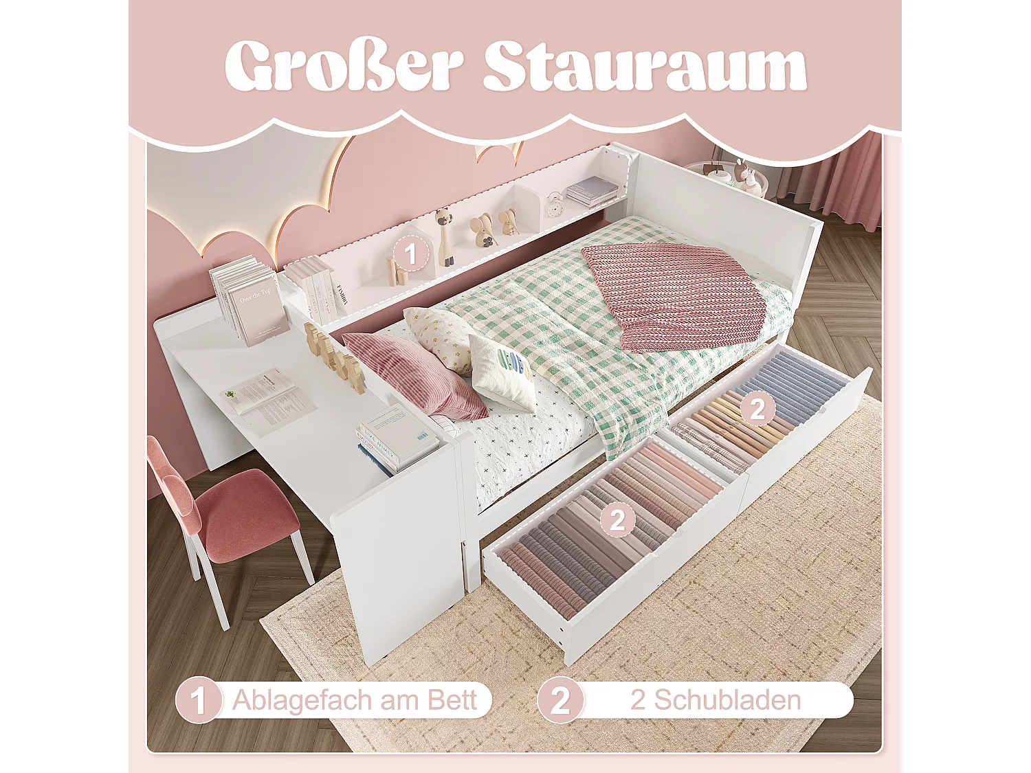 lit plat coffre - 90 x 200 cm - 2 tiroirs + bureau - sans matelas - pin + aggloméré - blanc