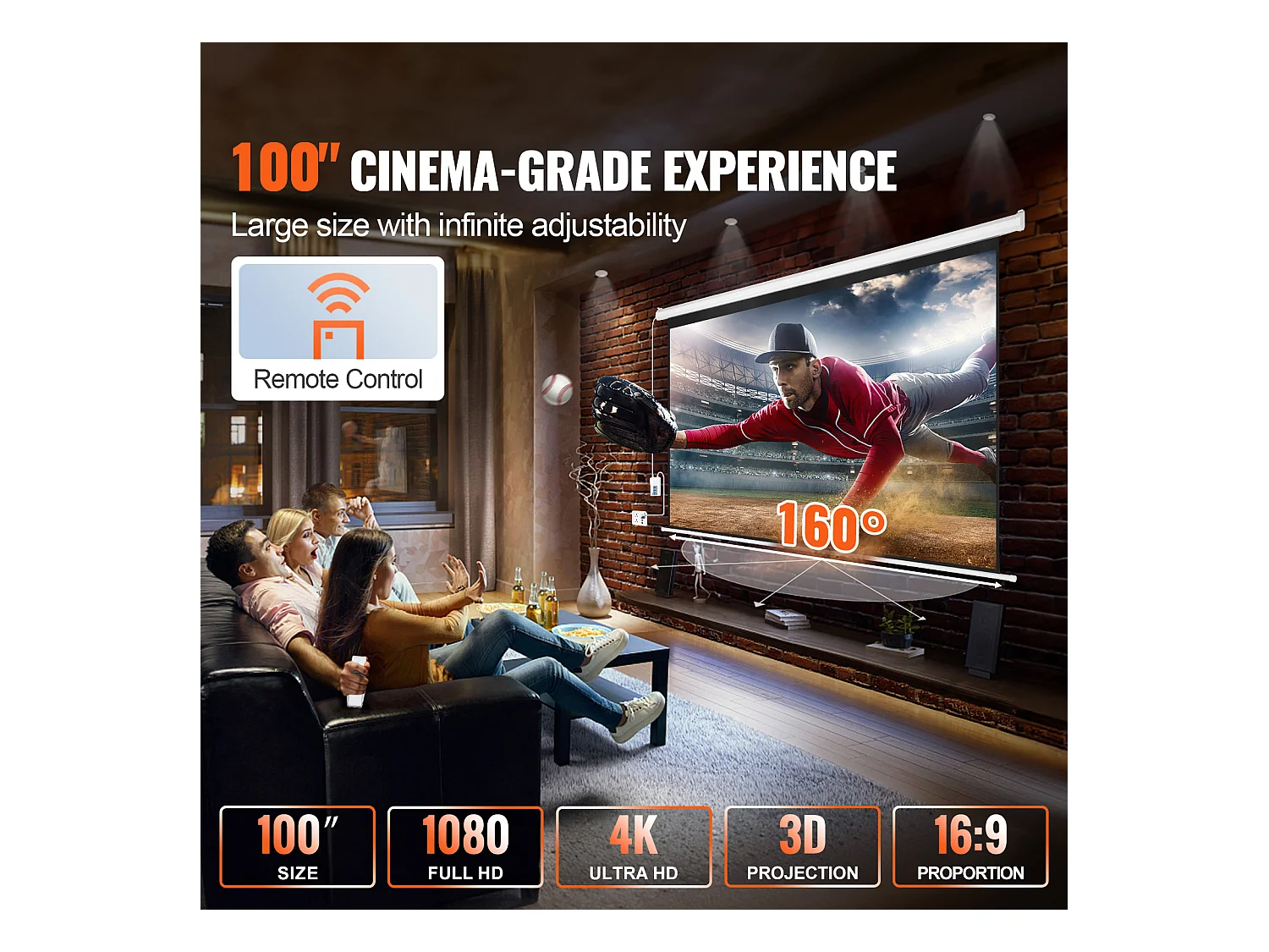 Écran de Projection Motorisé SucceBuy, 254 cm, Rapport d'Aspect 16:9, 4K et 1080 Électrique