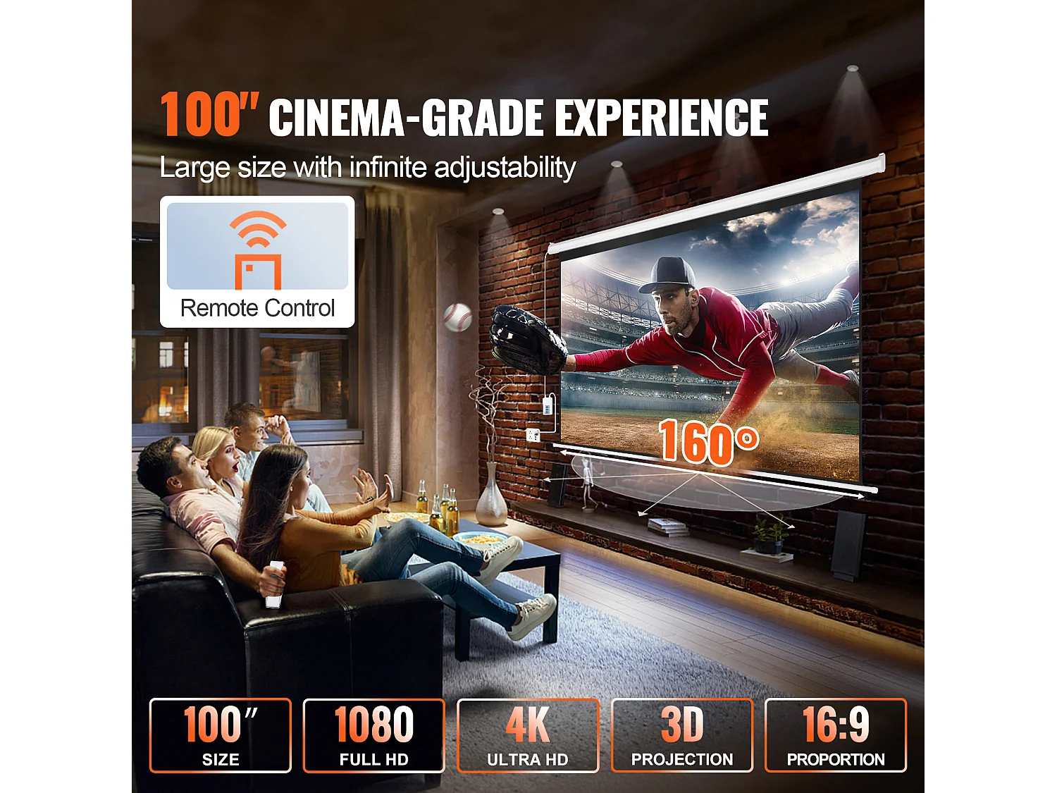 Écran de Projection Motorisé SucceBuy, 254 cm, Rapport d'Aspect 16:9, 4K et 1080 Électrique