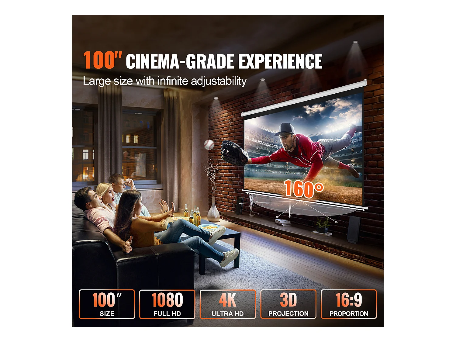 Écran de Projection Rétractable Manuel SucceBuy, 254 cm, Rapport d'Aspect 16:9, 4K, 1080 HD