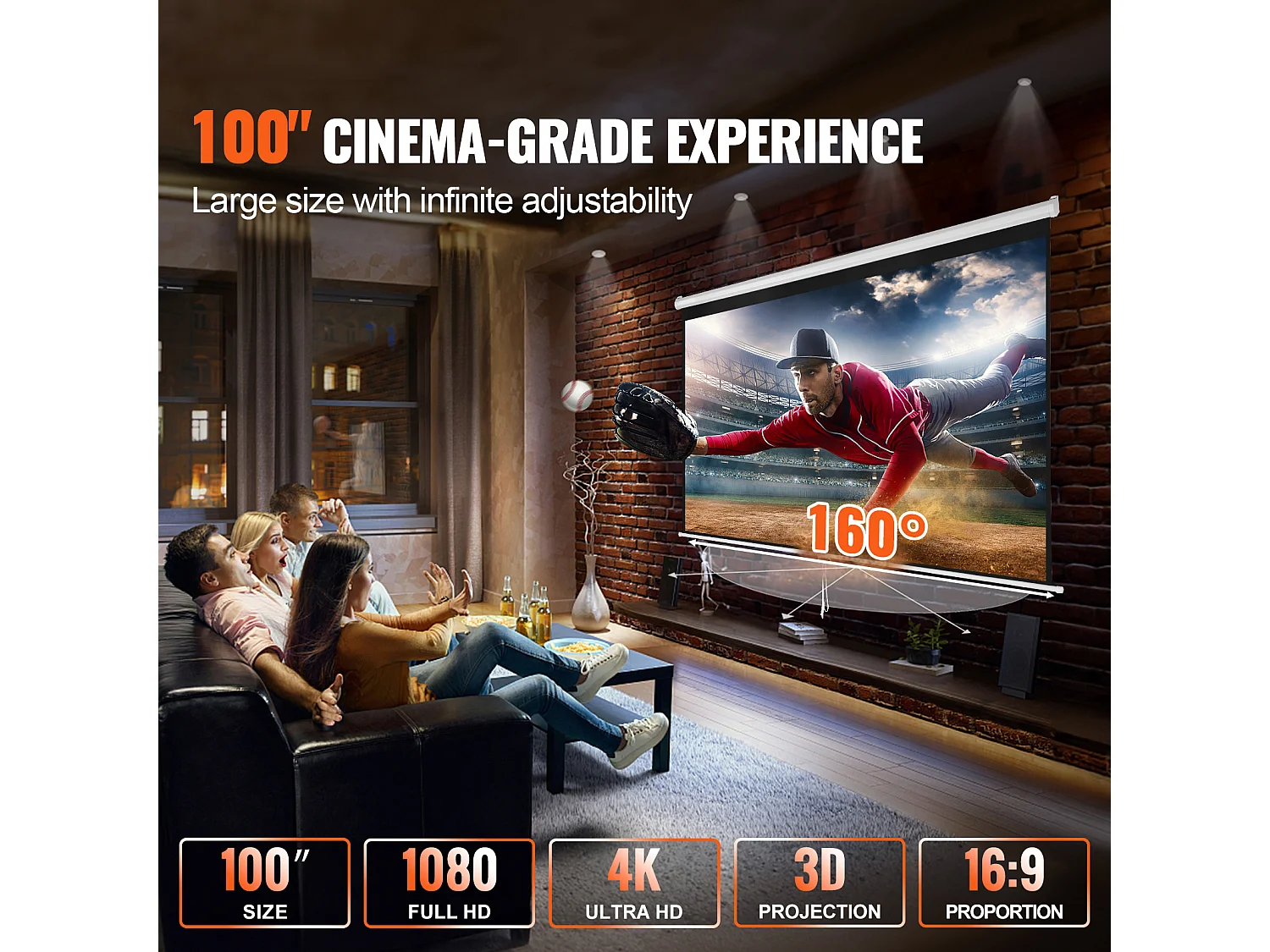 Écran de Projection Rétractable Manuel SucceBuy, 254 cm, Rapport d'Aspect 16:9, 4K, 1080 HD