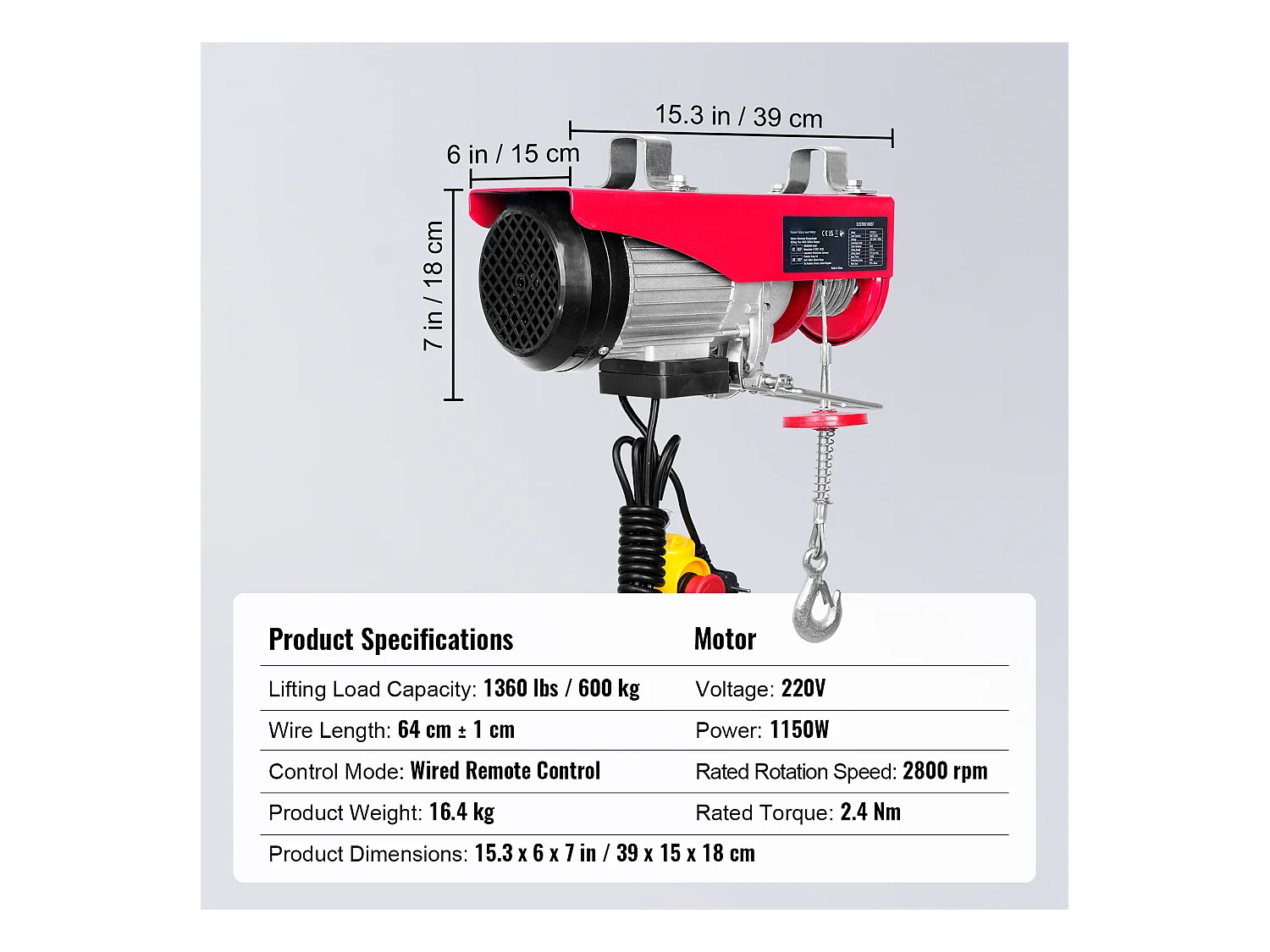 Palan Électrique 1320 lbs SucceBuy, Treuil de Grue avec Télécommande Filaire, 1150 W 220 V