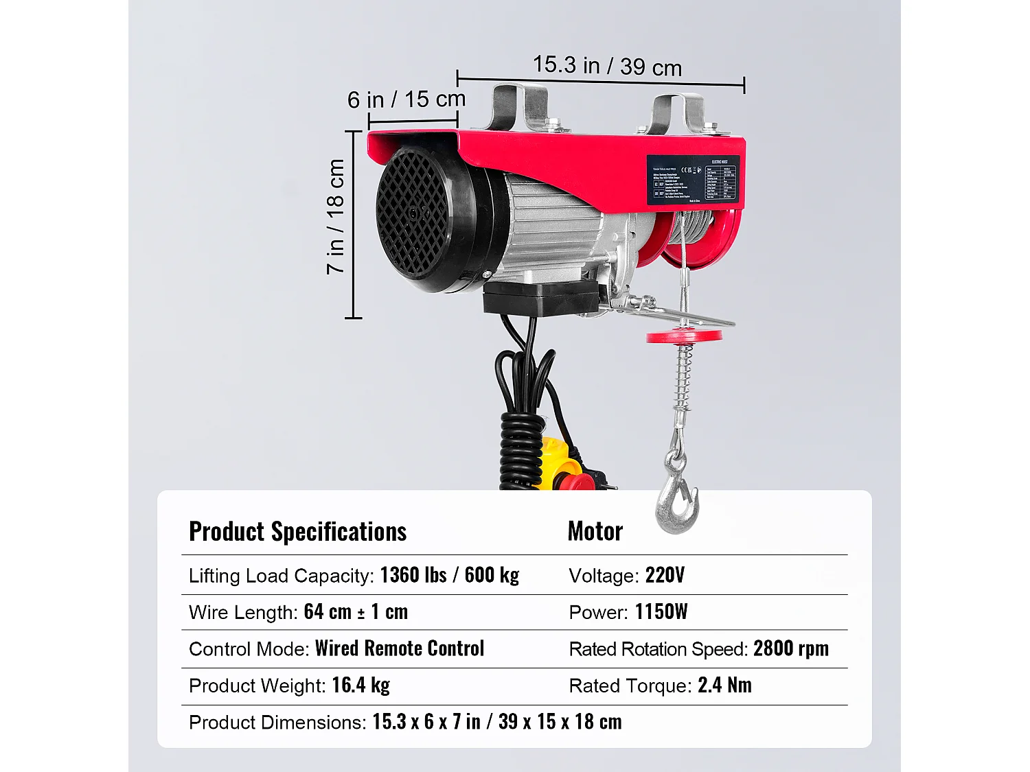 Palan Électrique 1320 lbs SucceBuy, Treuil de Grue avec Télécommande Filaire, 1150 W 220 V