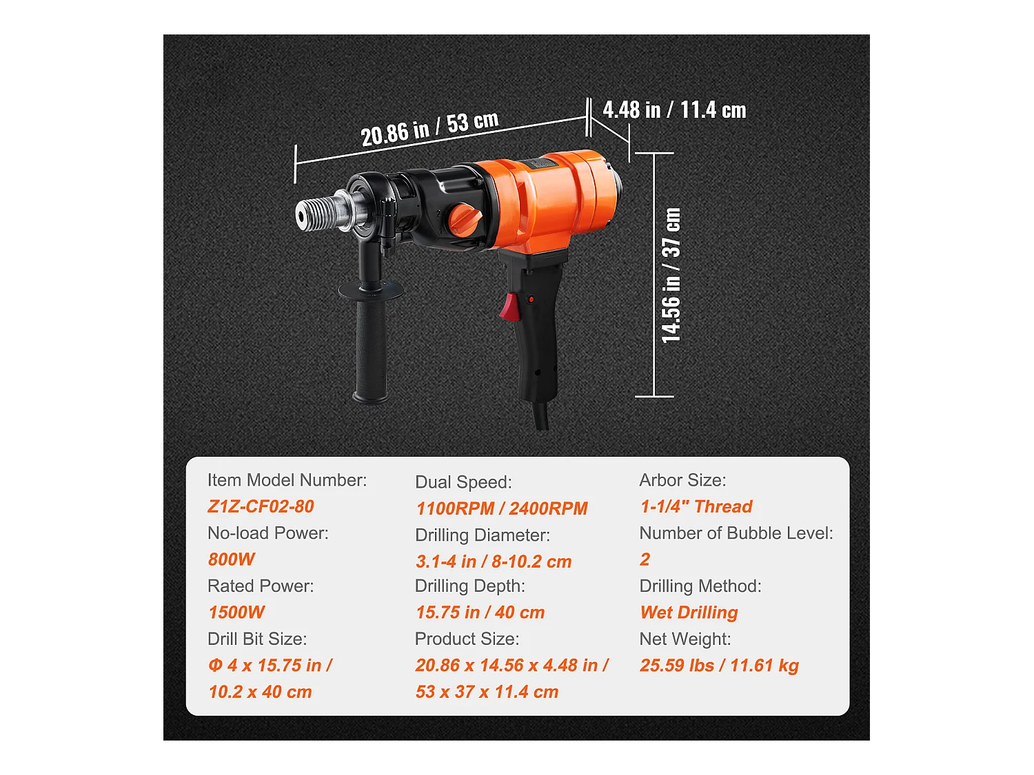 Perceuse au Diamant SucceBuy, Foret de 10,16 cm, Foreuse à Béton Portative, 1500 W, pour le Perçage du Béton à Grande Échelle