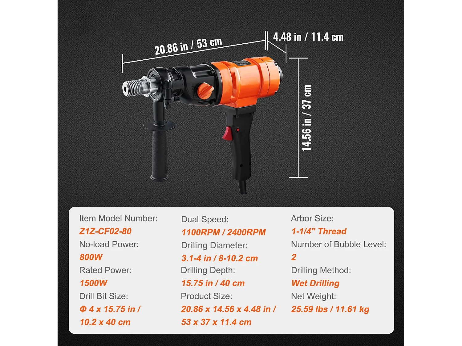 Perceuse au Diamant SucceBuy, Foret de 10,16 cm, Foreuse à Béton Portative, 1500 W, pour le Perçage du Béton à Grande Échelle