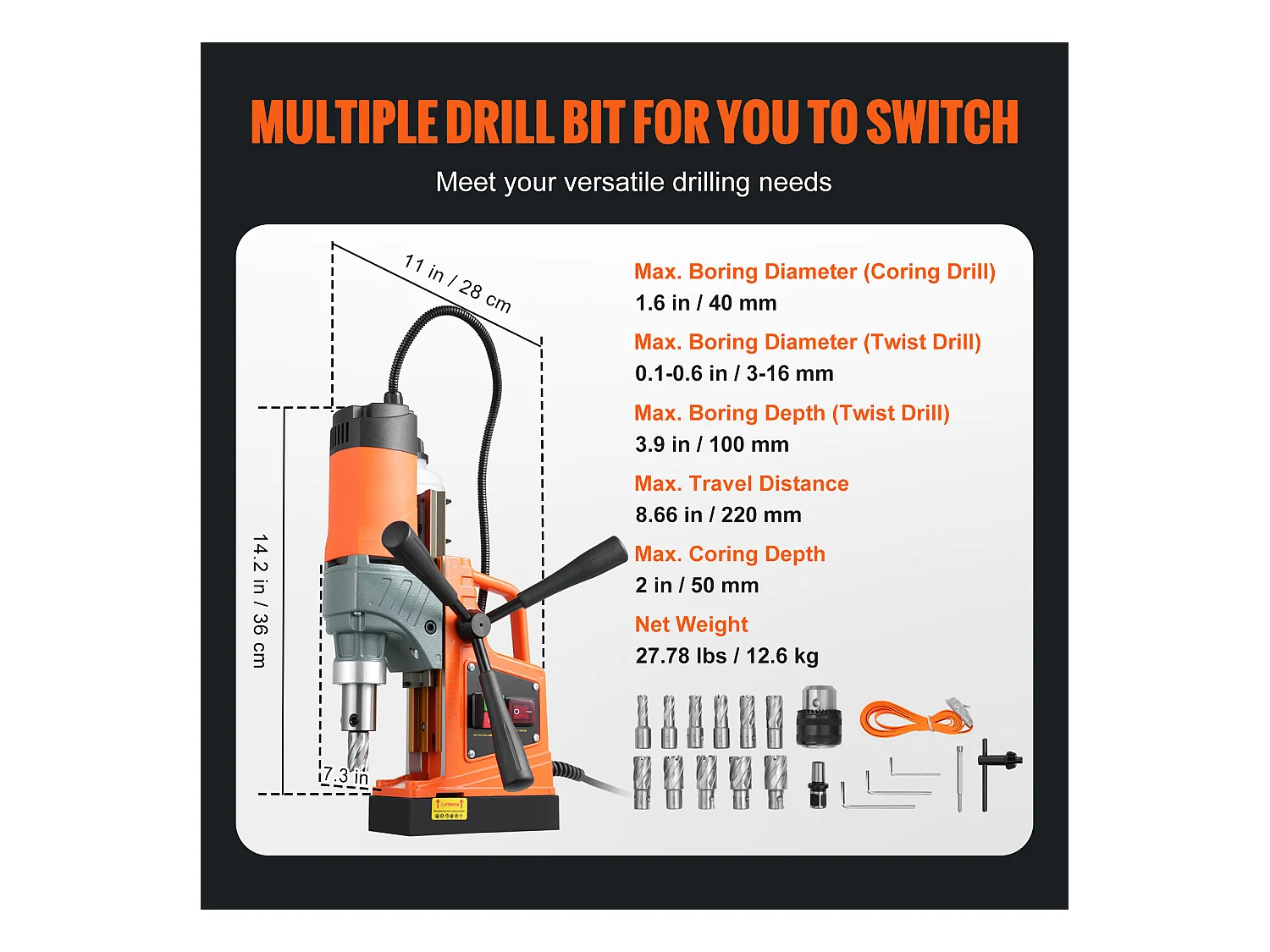 Perceuse Magnétique SucceBuy, Perceuse à Colonne Portable 1450 W 12500 N, Profondeur Maximale de Carottage 50 mm