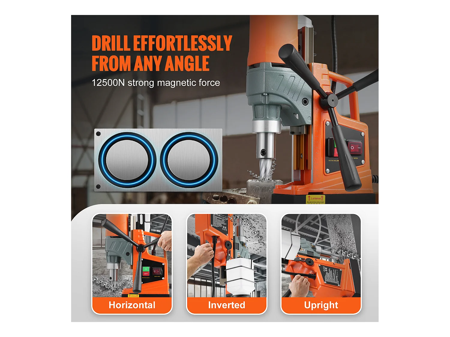 Perceuse Magnétique SucceBuy, Perceuse à Colonne Portable 1450 W 12500 N, Profondeur Maximale de Carottage 50 mm