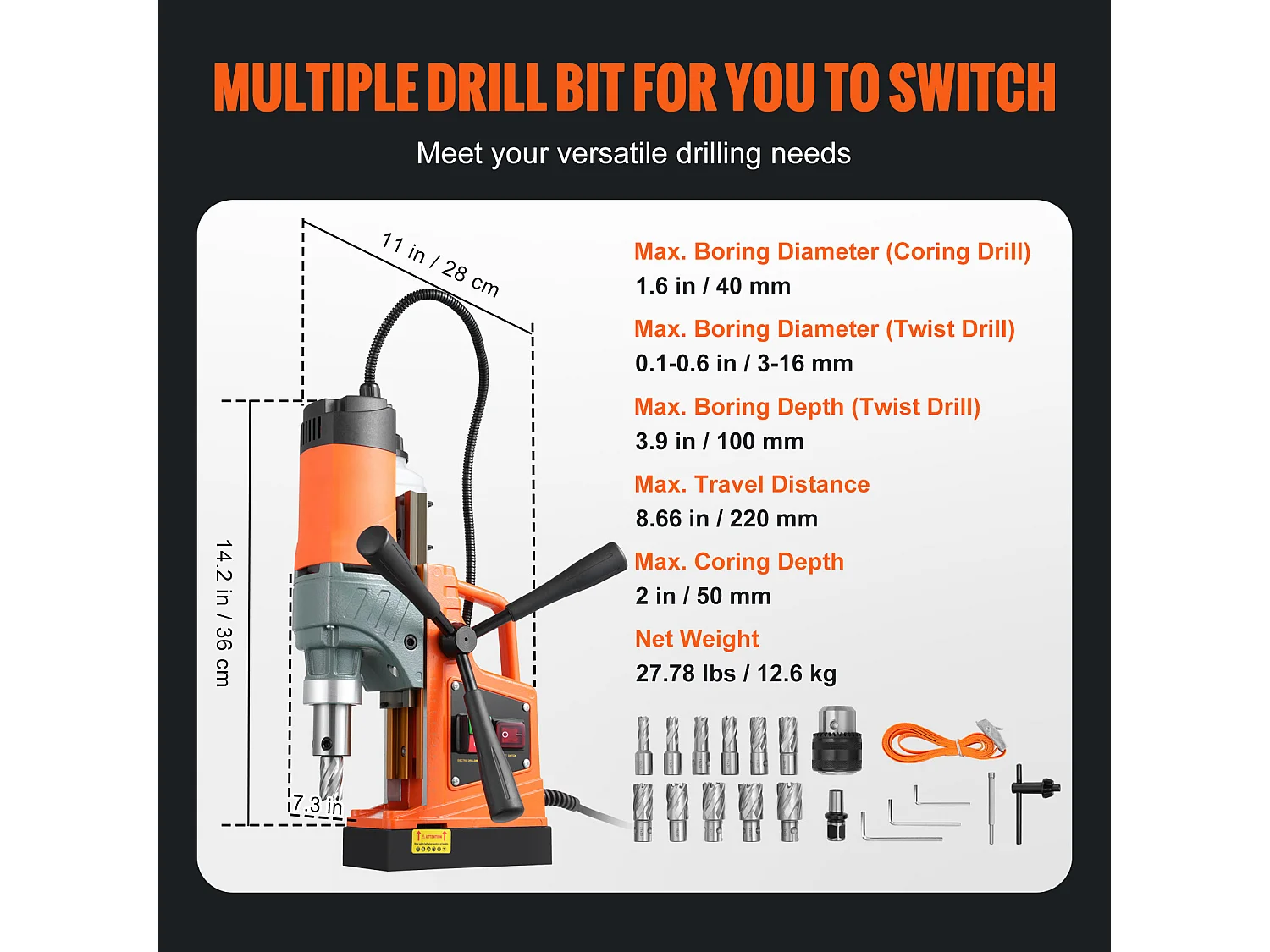 Perceuse Magnétique SucceBuy, Perceuse à Colonne Portable 1450 W 12500 N, Profondeur Maximale de Carottage 50 mm