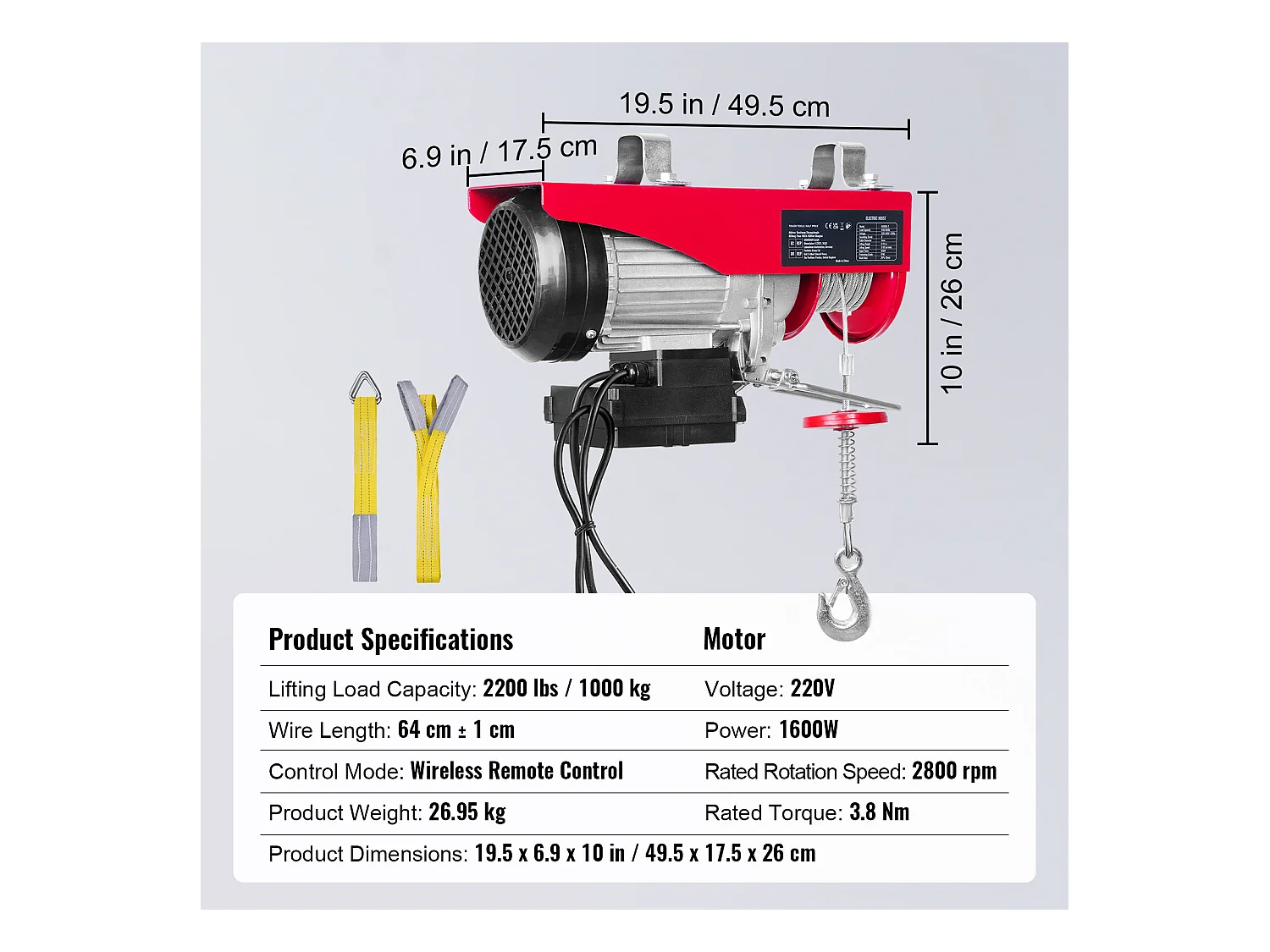 Treuil Électrique SucceBuy, Treuil de Grue de 2200 lbs, Télécommande Sans Fil, 1600 W, 220 V
