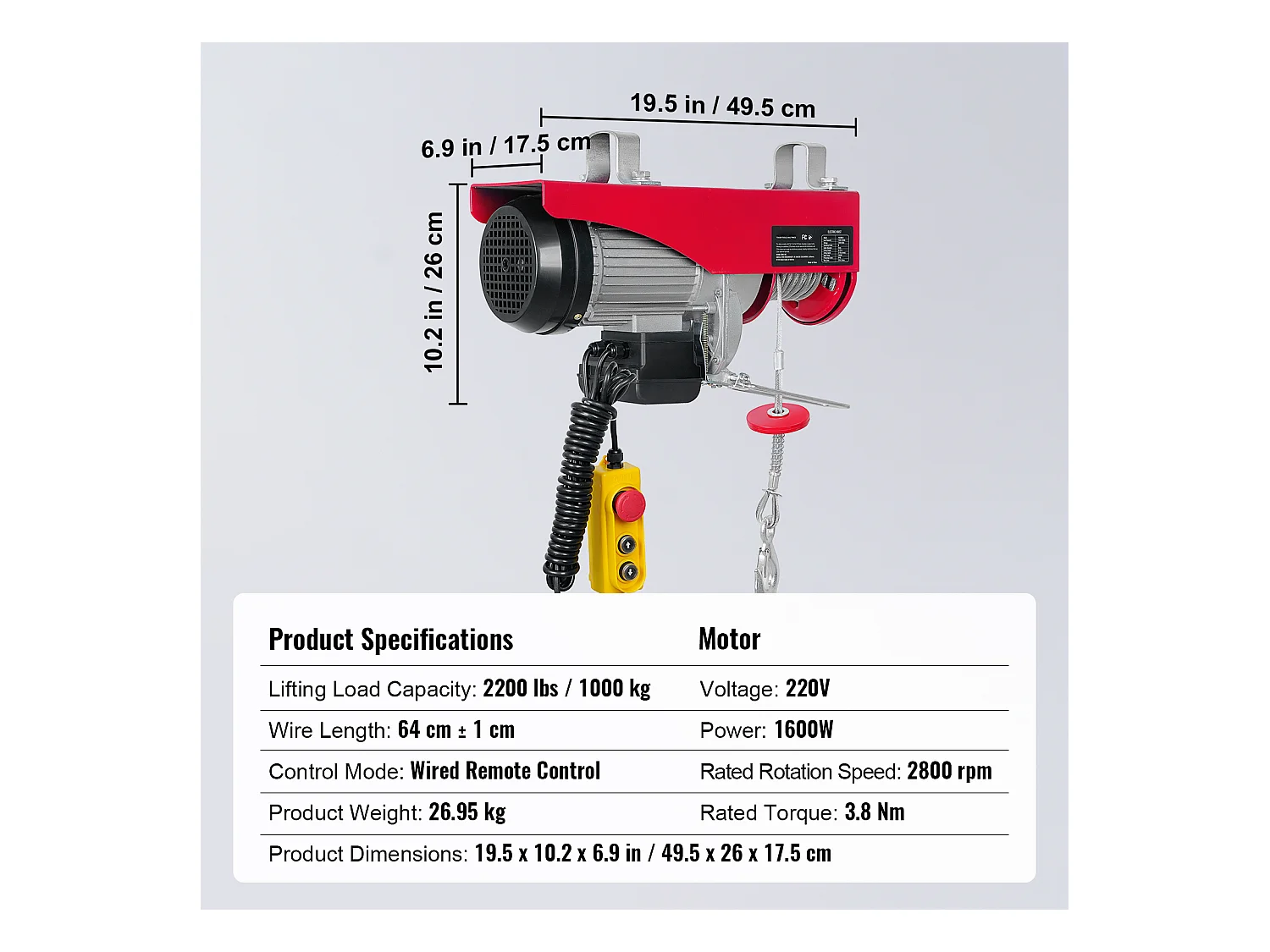 Palan Électrique SucceBuy de 2200 lb, Treuil de Grue, Télécommande Filaire, 1600 W 220 V