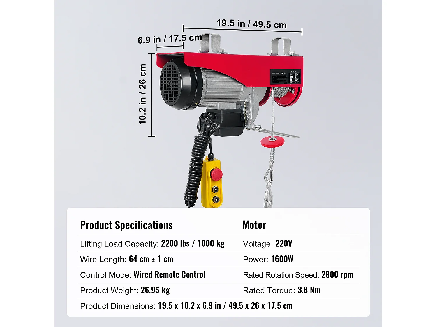 Palan Électrique SucceBuy de 2200 lb, Treuil de Grue, Télécommande Filaire, 1600 W 220 V