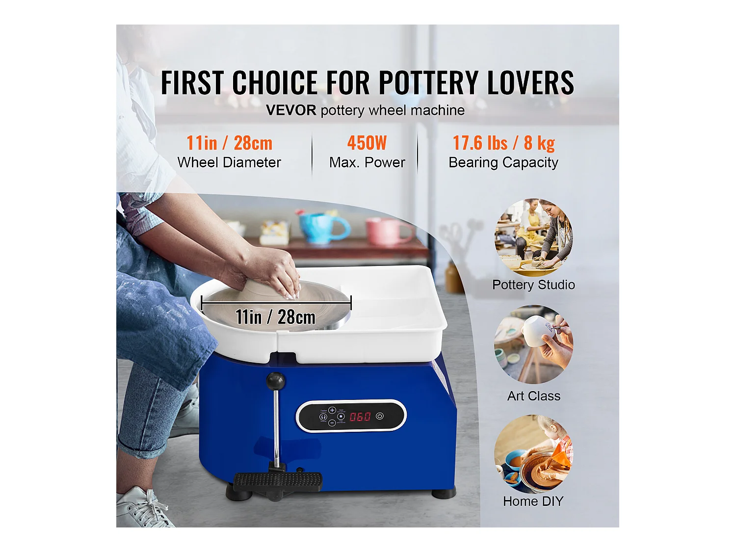 Roue de Poterie SucceBuy, Céramique de 28 cm, 450 W, Pédale, Outils de Sculpture et Tablier, pour Modéliser l’Artisanat Céramique