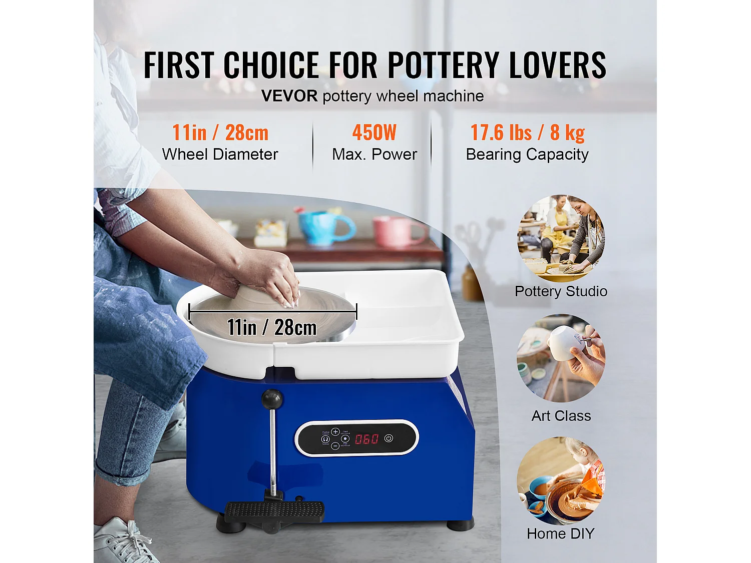 Roue de Poterie SucceBuy, Céramique de 28 cm, 450 W, Pédale, Outils de Sculpture et Tablier, pour Modéliser l’Artisanat Céramique