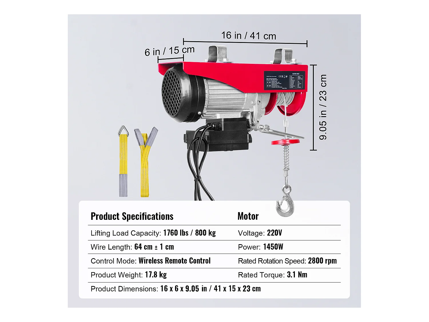 Treuil Électrique 798 kg SucceBuy, Treuil à Câble Électrique, avec Télécommande Sans Fil, 1450 W, 220 V, pour Garages, Entrepôts et Usines