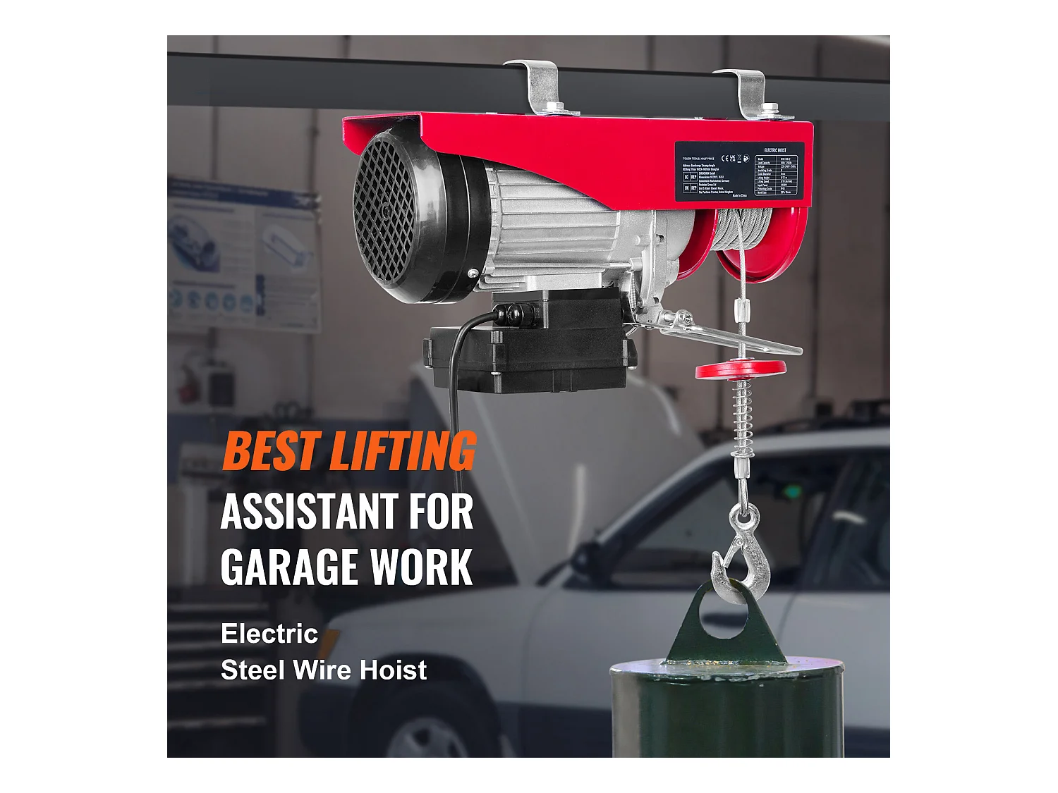 Treuil Électrique 798 kg SucceBuy, Treuil à Câble Électrique, avec Télécommande Sans Fil, 1450 W, 220 V, pour Garages, Entrepôts et Usines