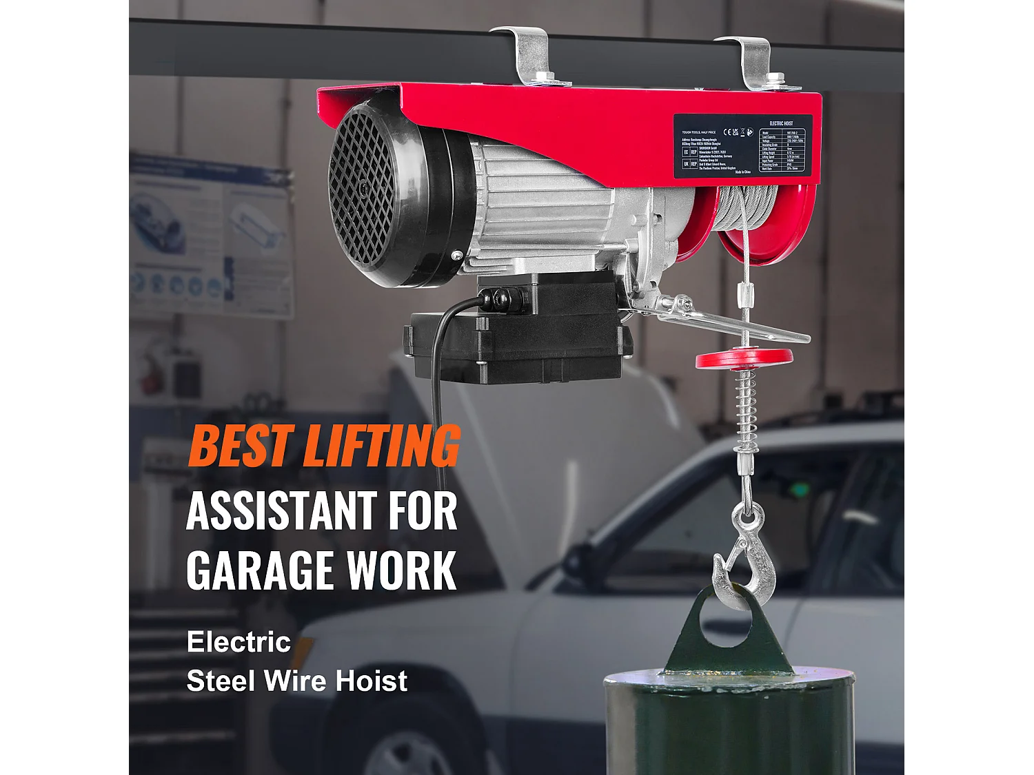 Treuil Électrique 798 kg SucceBuy, Treuil à Câble Électrique, avec Télécommande Sans Fil, 1450 W, 220 V, pour Garages, Entrepôts et Usines