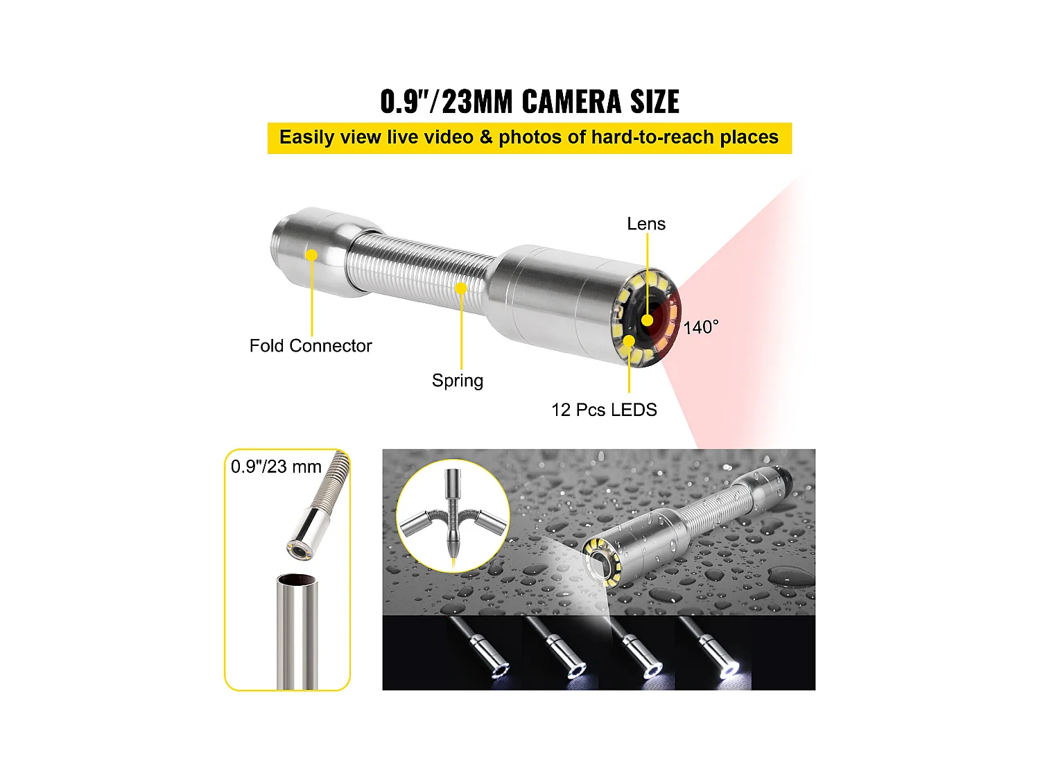 Caméra d'Inspection SucceBuy, Tuyau avec Caméra Endoscopique, Caméra d'Inspection, avec Sonde 512 Hz, 23 cm, Écran 720p, 50 m