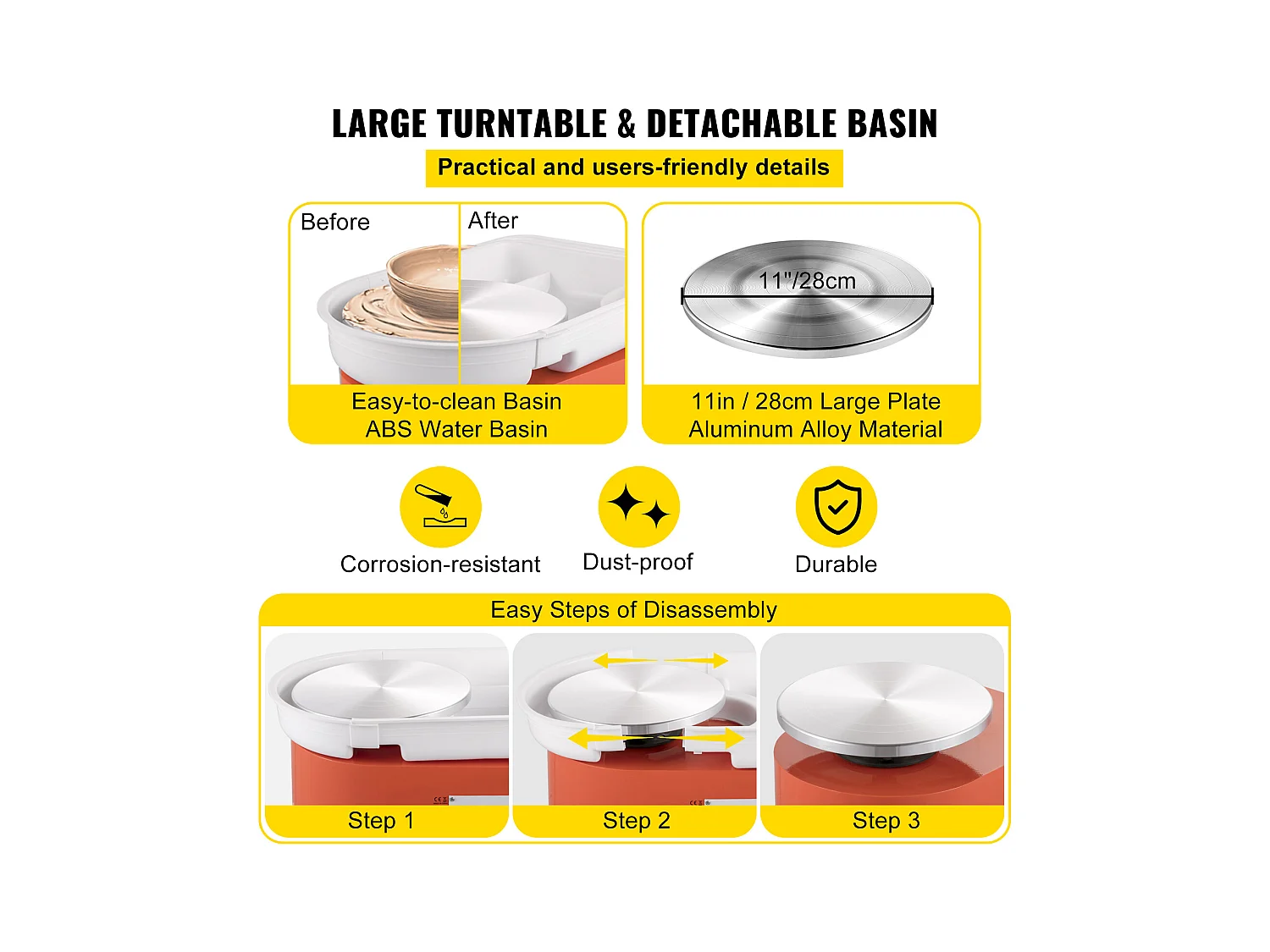 Roue de Poterie SucceBuy en Céramique Orange de 11 pouces avec Pédale et Outils de Sculpture (Roue de Poterie en Céramique avec Pédale)