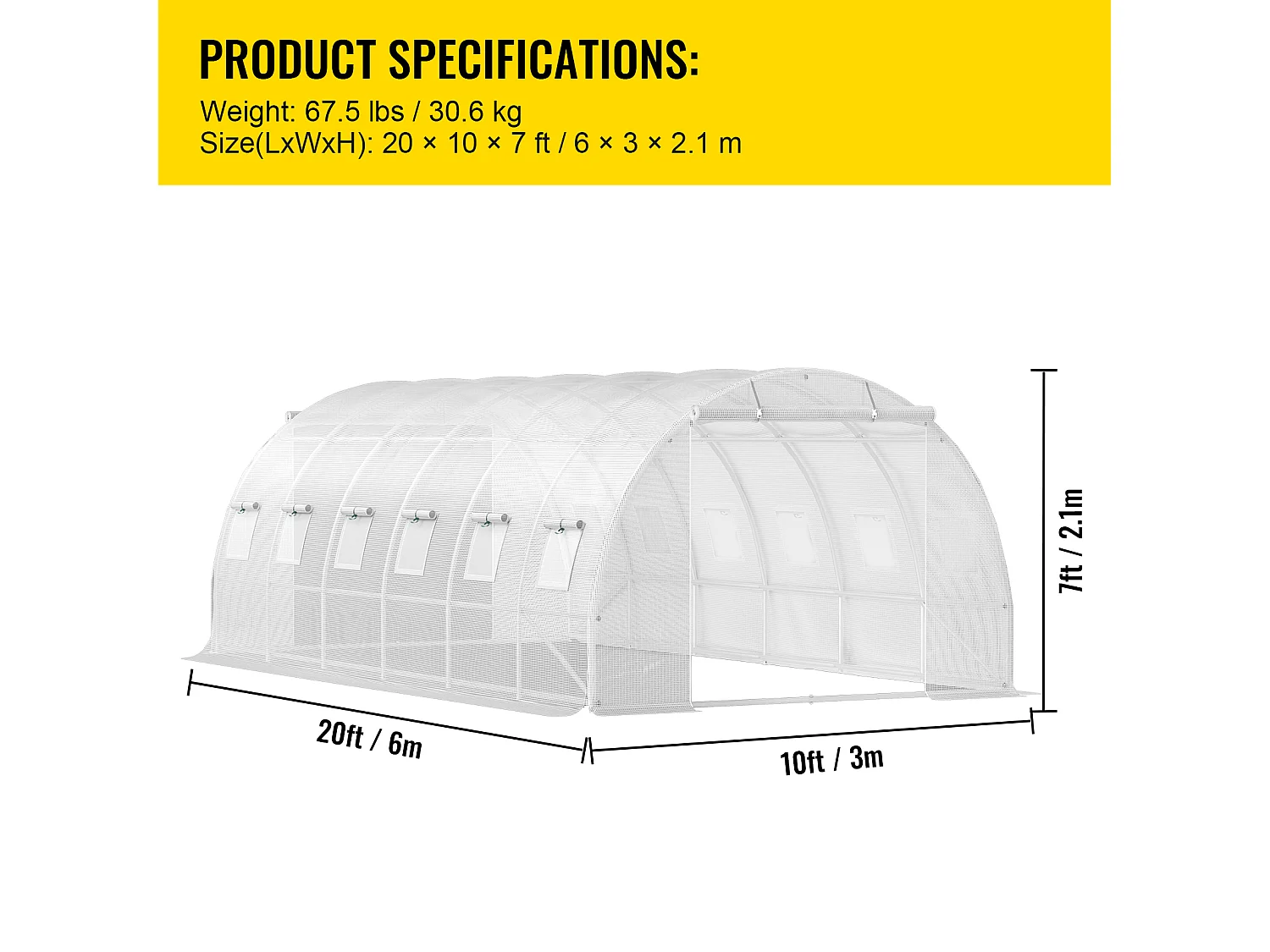 Ophorn Begehbares Tunnel-Gewächshaus, Verzinkter Rahmen, Wasserdichte Abdeckung, 20 x 10 x 7 ft