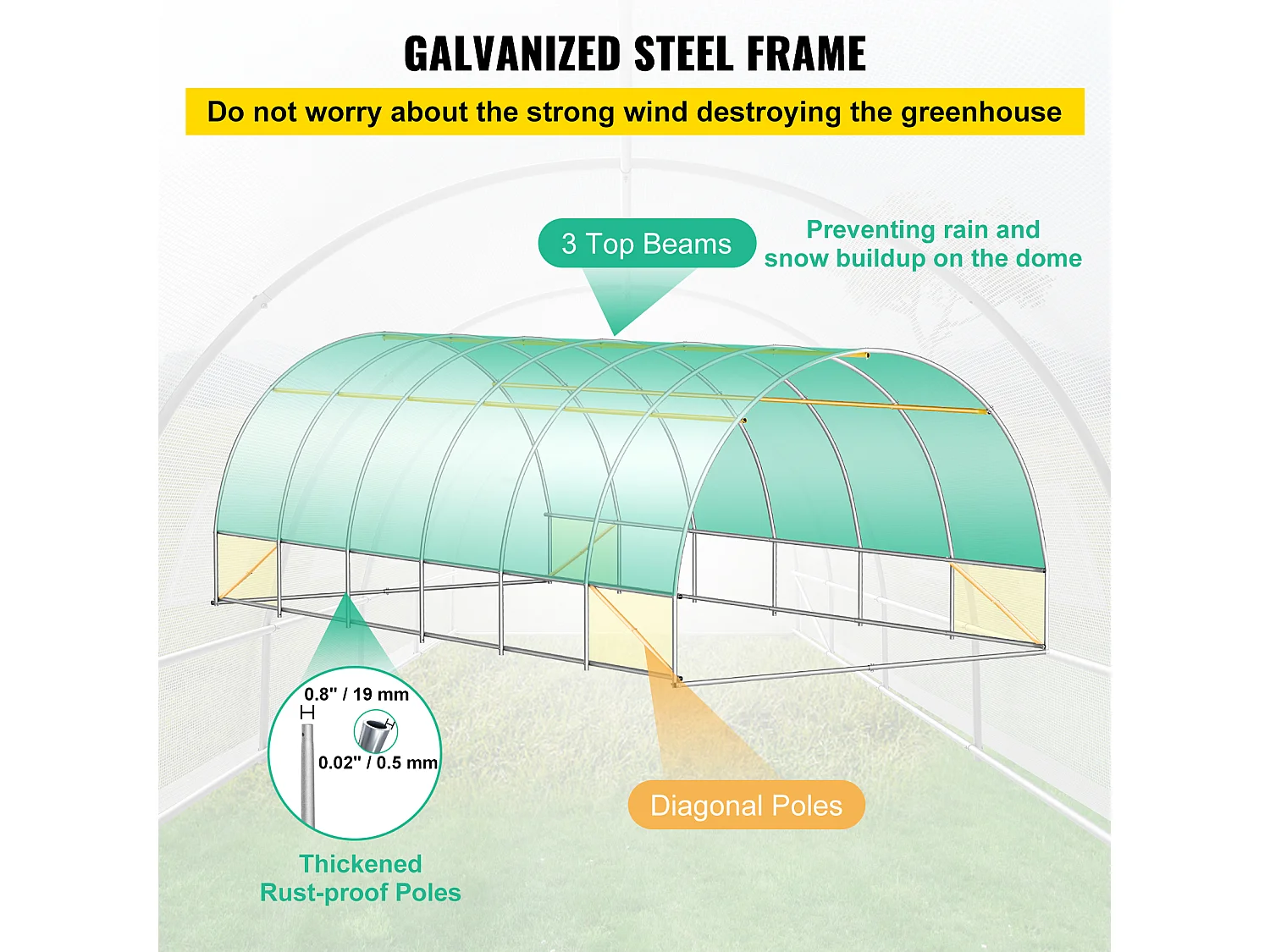 Ophorn Begehbares Tunnel-Gewächshaus, Verzinkter Rahmen, Wasserdichte Abdeckung, 20 x 10 x 7 ft