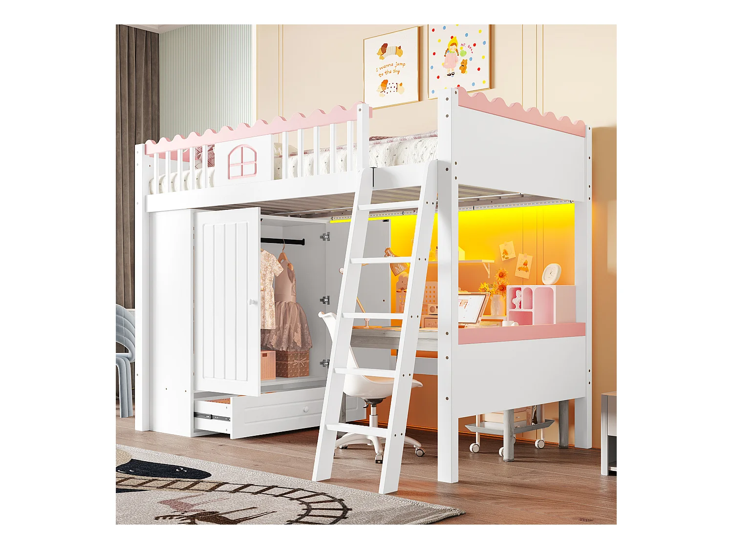 Cama alta infantil - 90 x 200 cm - com guarda-roupa e gaveta de armazenamento - LEDs - madeira de pinho - branco
