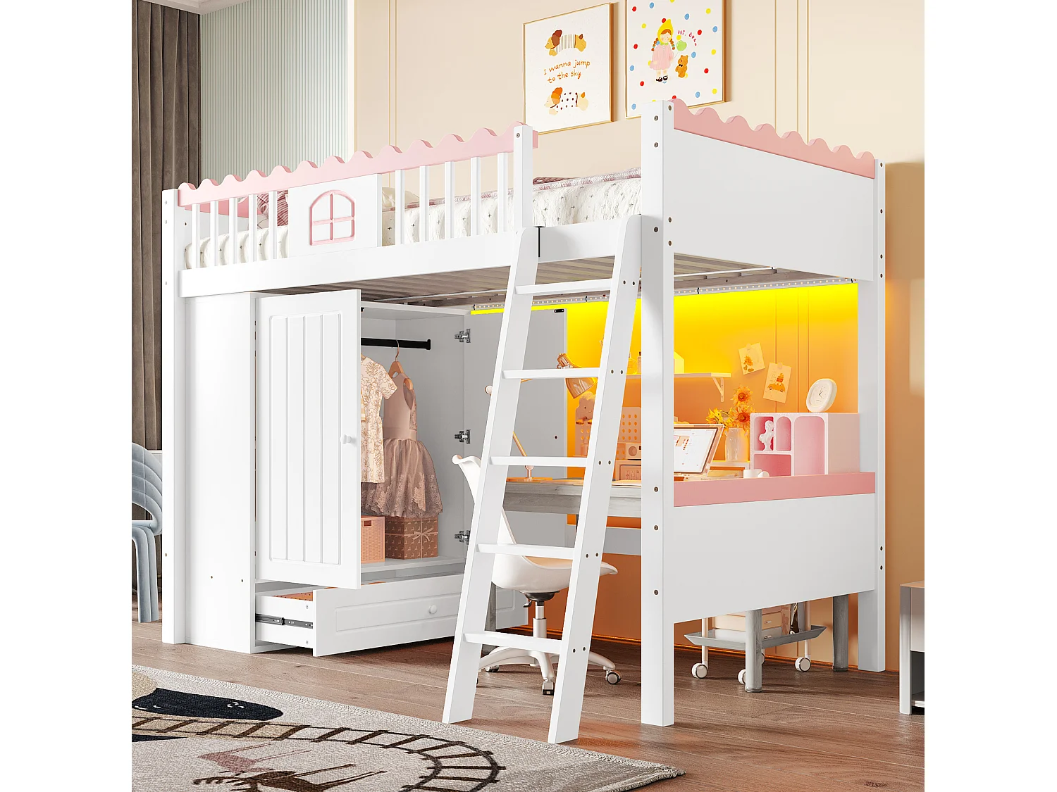 Letto a soppalco per bambini - 90 x 200 cm - con armadio e cassetto contenitore - LED - legno di pino - bianco