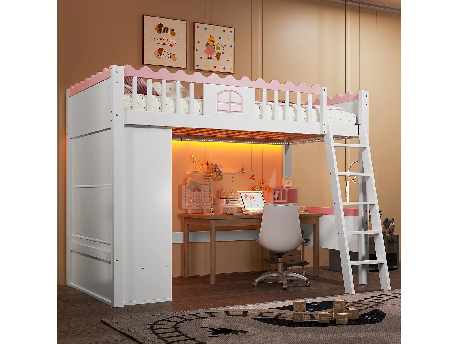 Letto a soppalco per bambini - 90 x 200 cm - con armadio e cassetto contenitore - LED - legno di pino - bianco