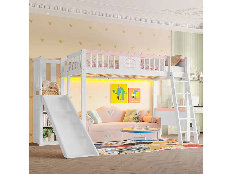 Kinderhochbett - 90 x 200 cm - mit Stauraum und Rutsche - LEDs - Kiefernholz - weiß