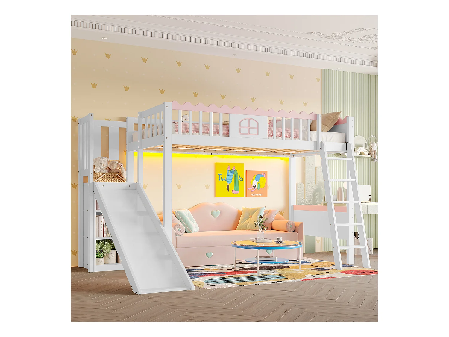 Lit mezzanine pour enfant - 90 x 200 cm - avec rangement et toboggan - Leds - bois de pin - blanc