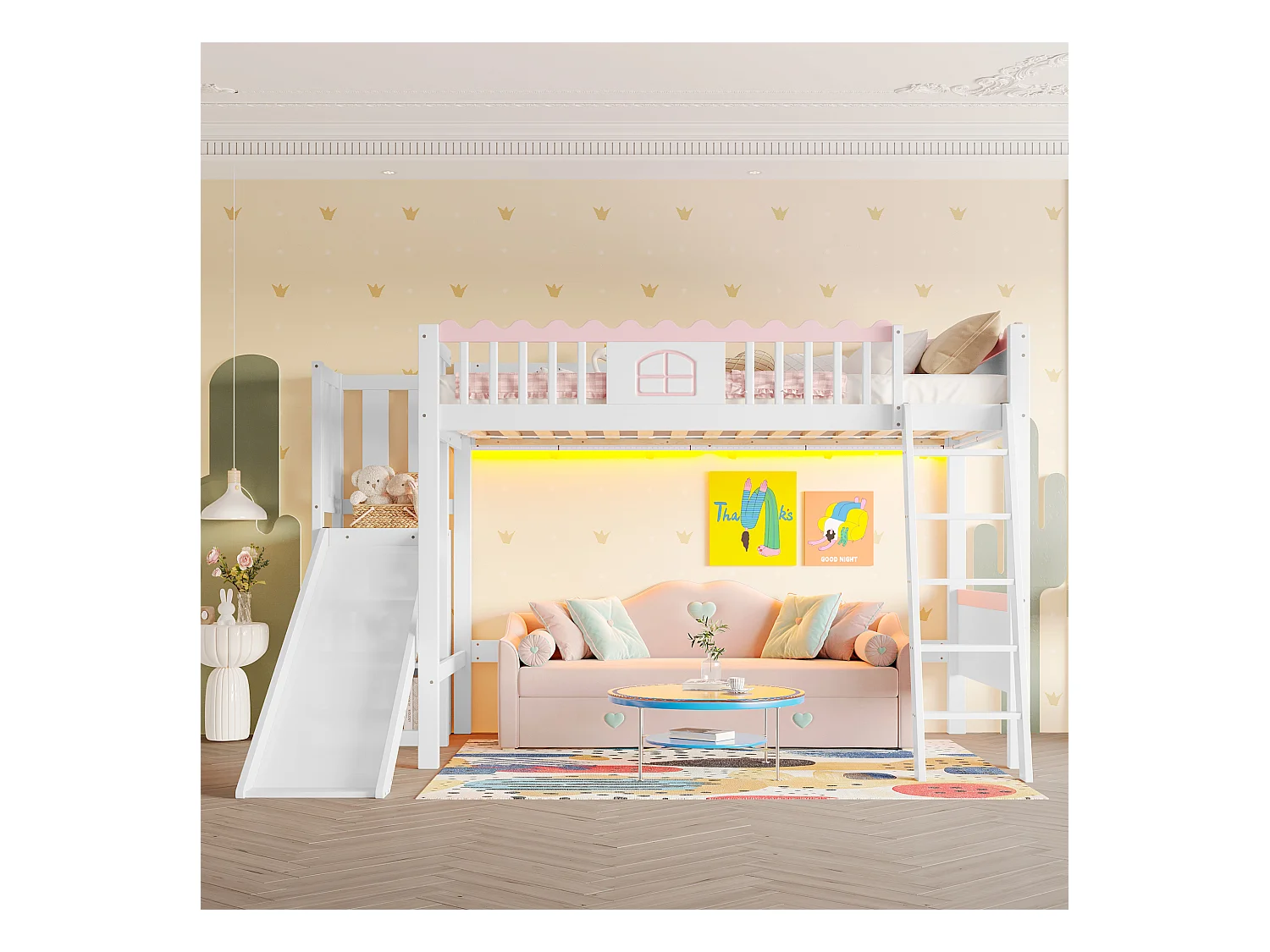 Lit mezzanine pour enfant - 90 x 200 cm - avec rangement et toboggan - Leds - bois de pin - blanc
