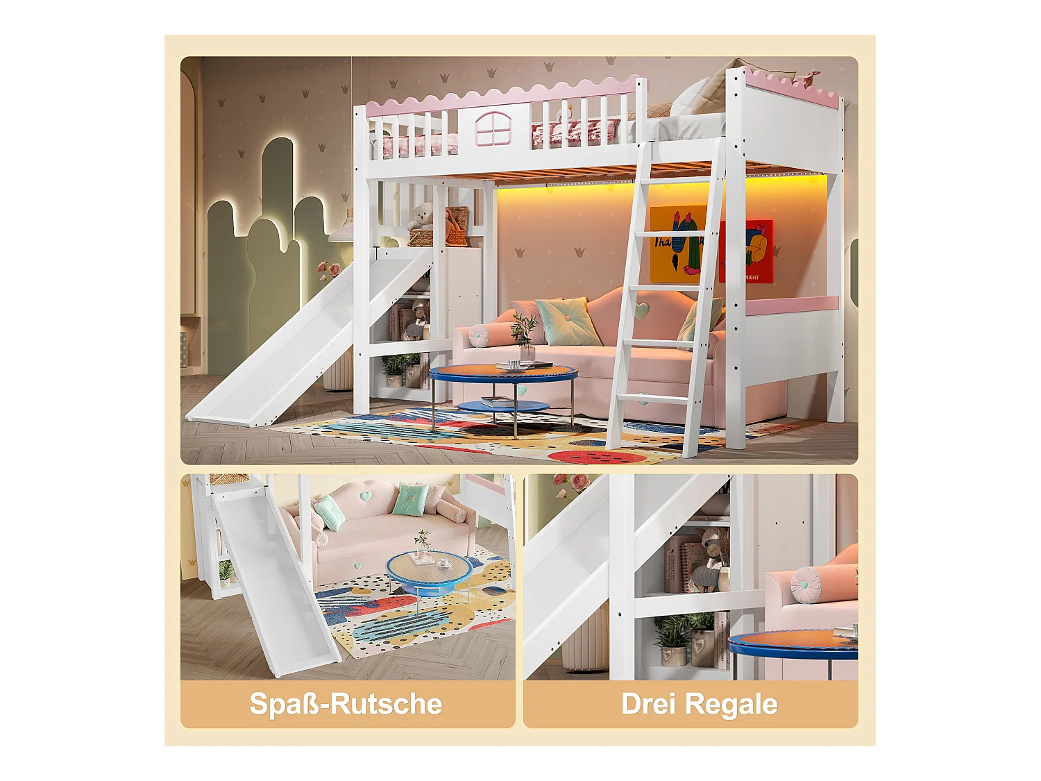 Lit mezzanine pour enfant - 90 x 200 cm - avec rangement et toboggan - Leds - bois de pin - blanc