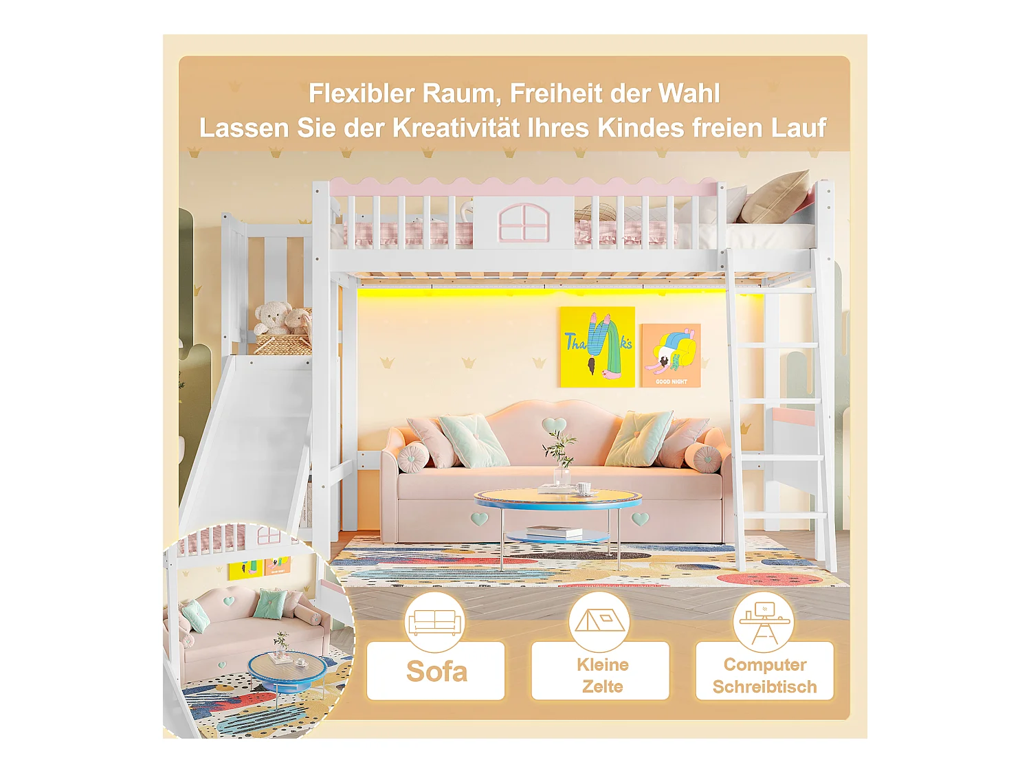 Lit mezzanine pour enfant - 90 x 200 cm - avec rangement et toboggan - Leds - bois de pin - blanc