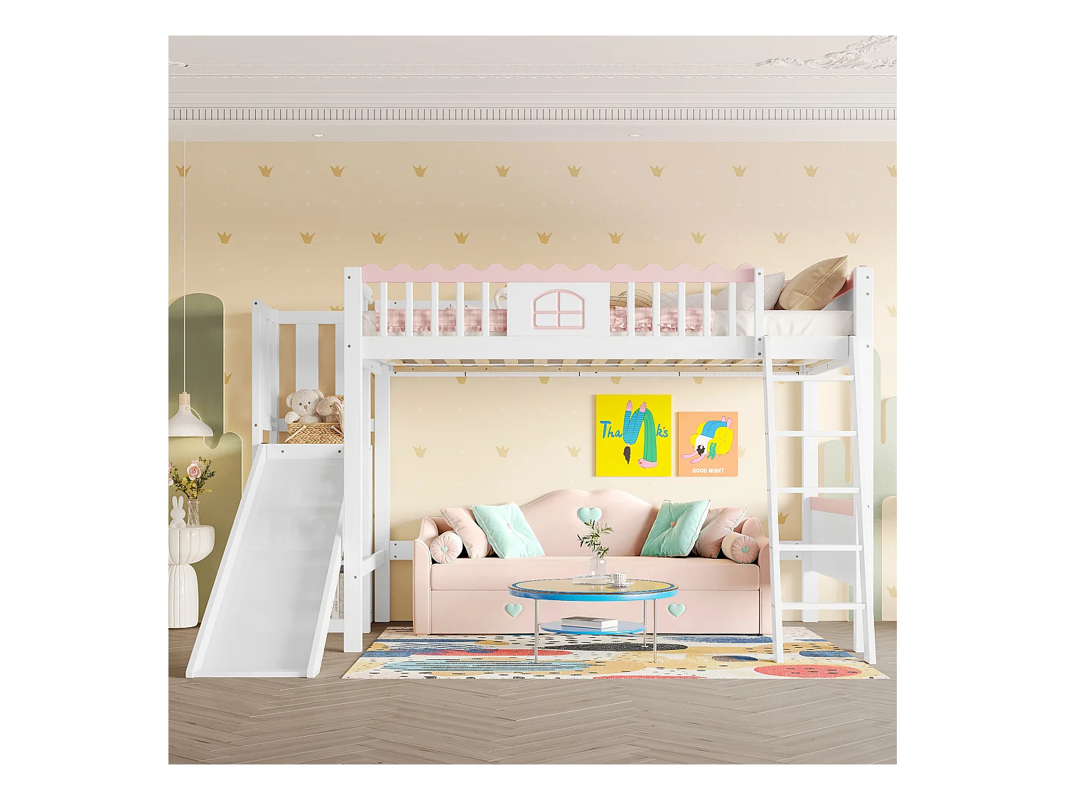 Lit mezzanine pour enfant - 90 x 200 cm - avec rangement et toboggan - Leds - bois de pin - blanc