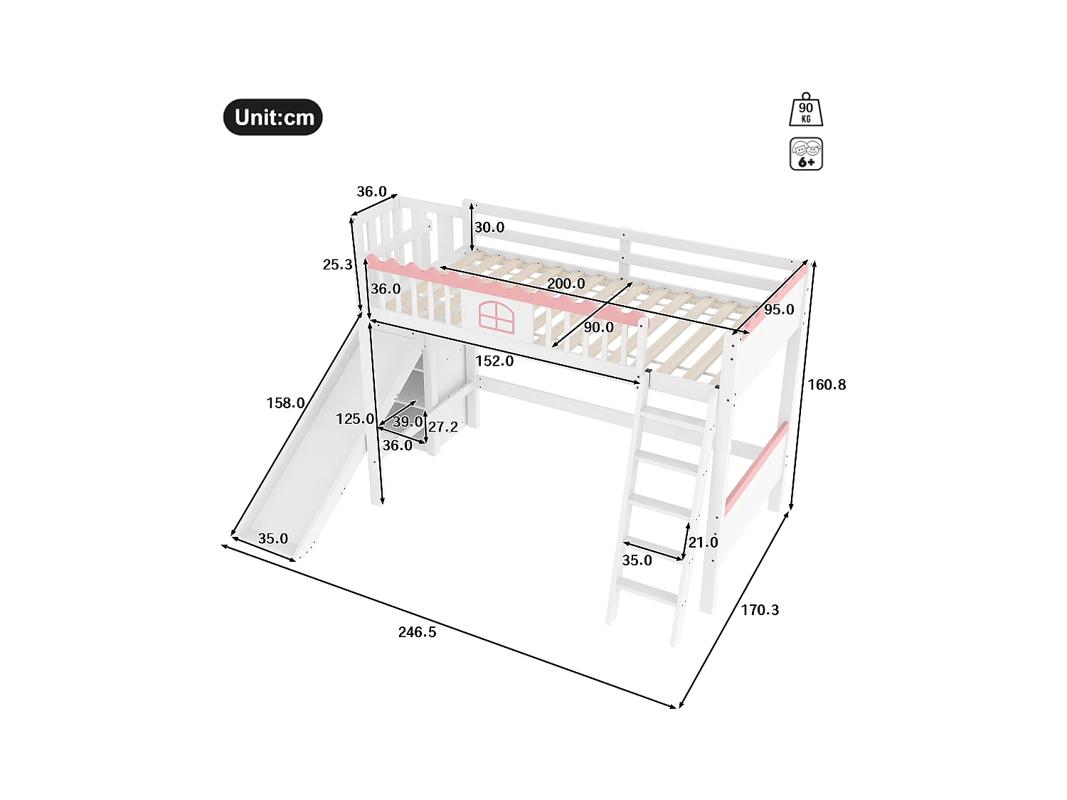 Lit mezzanine pour enfant - 90 x 200 cm - avec rangement et toboggan - Leds - bois de pin - blanc